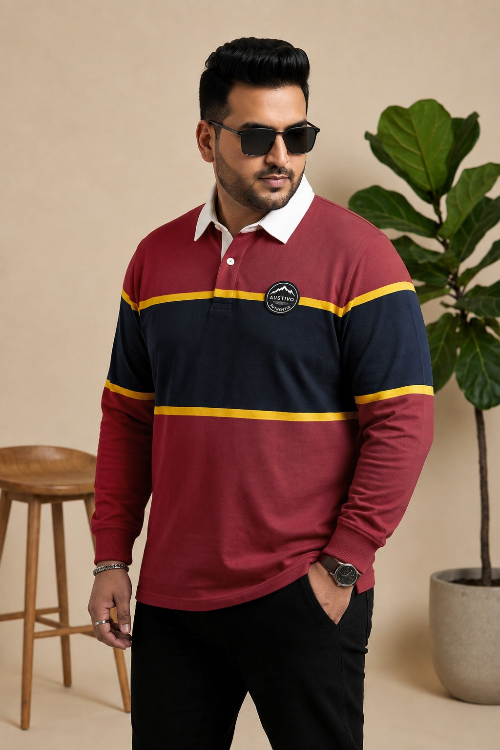 AUSTIVO Men's Plus Size Full Sleeve Polo Neck T-Shirt