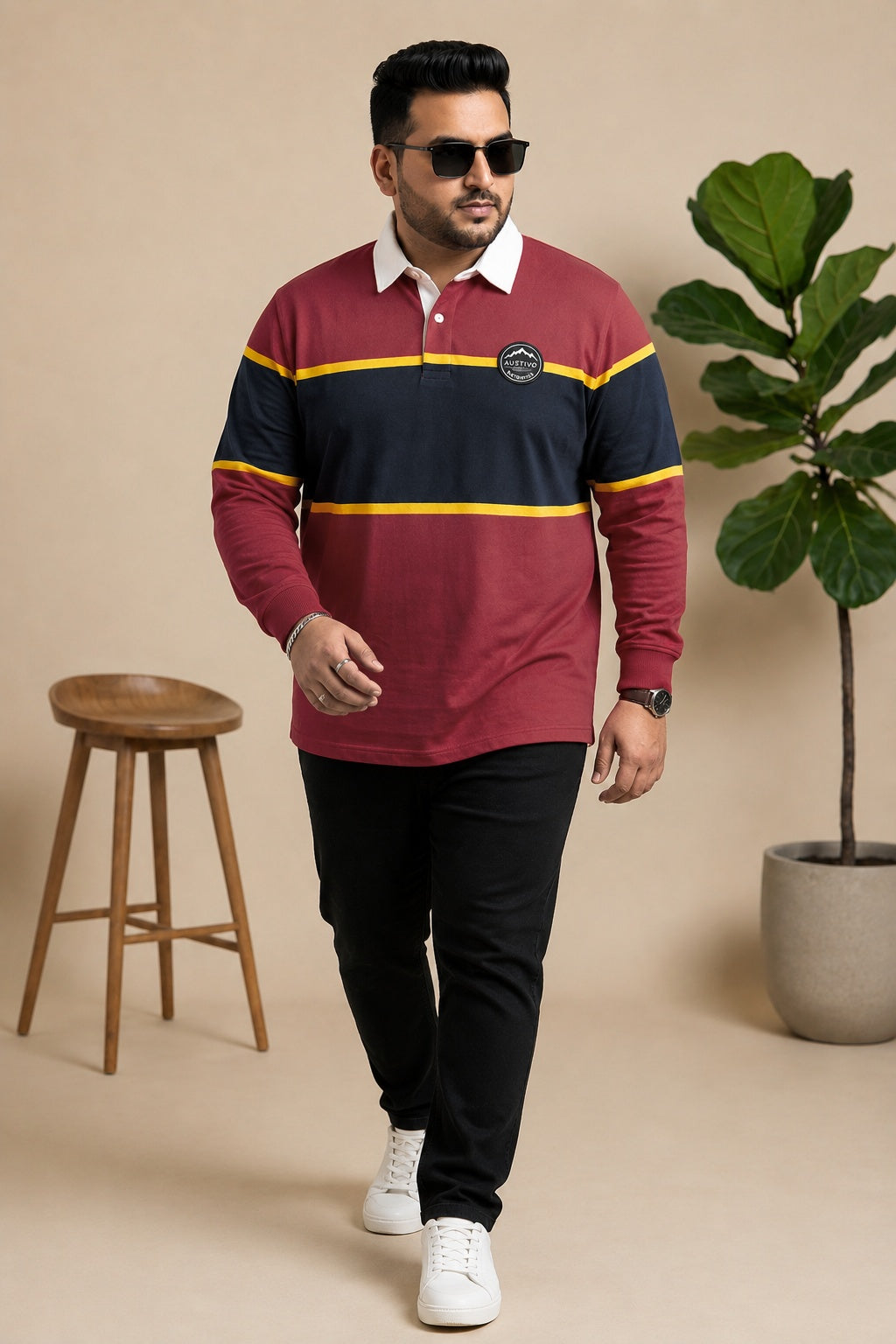 AUSTIVO Men's Plus Size Full Sleeve Polo Neck T-Shirt