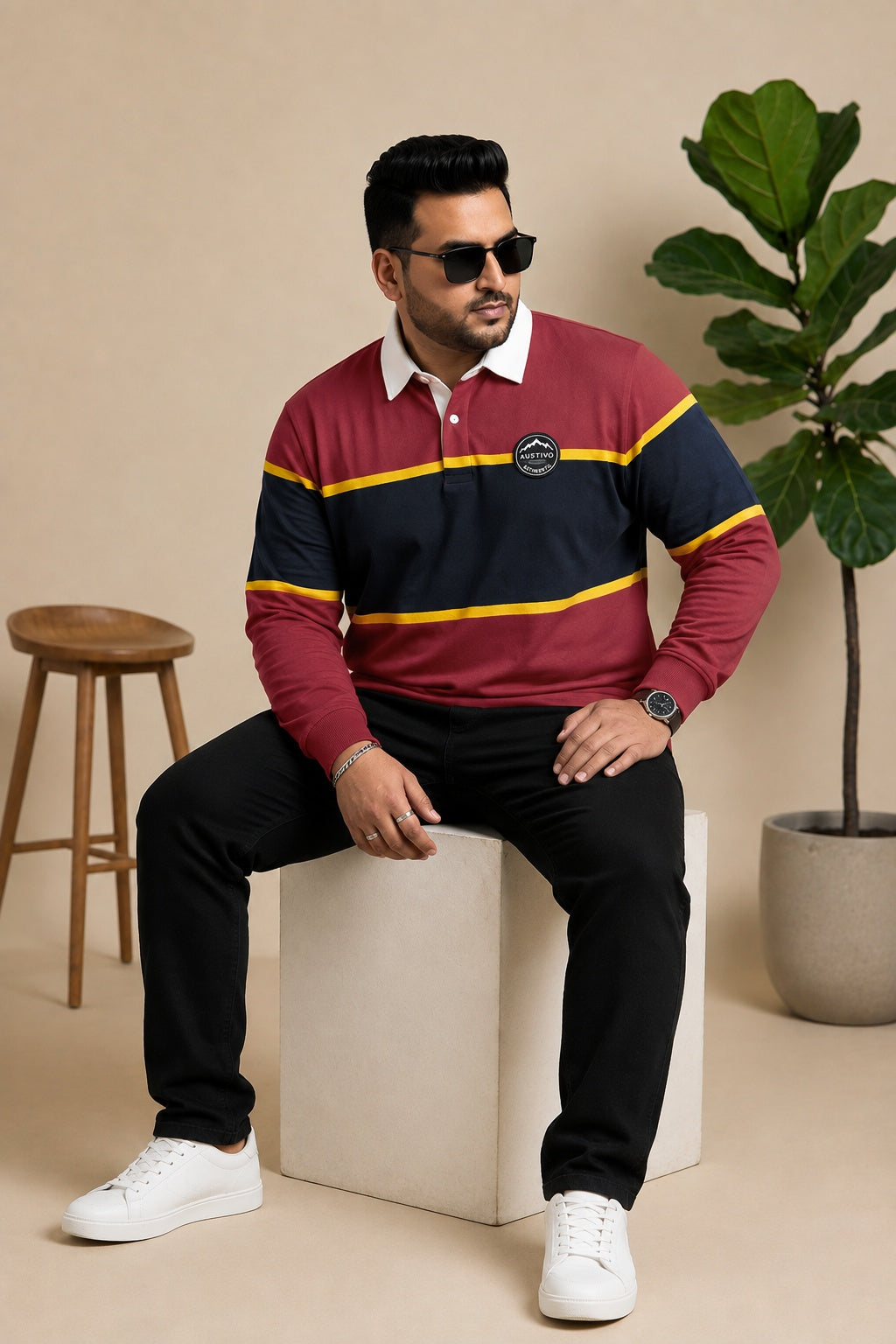 AUSTIVO Men's Plus Size Full Sleeve Polo Neck T-Shirt