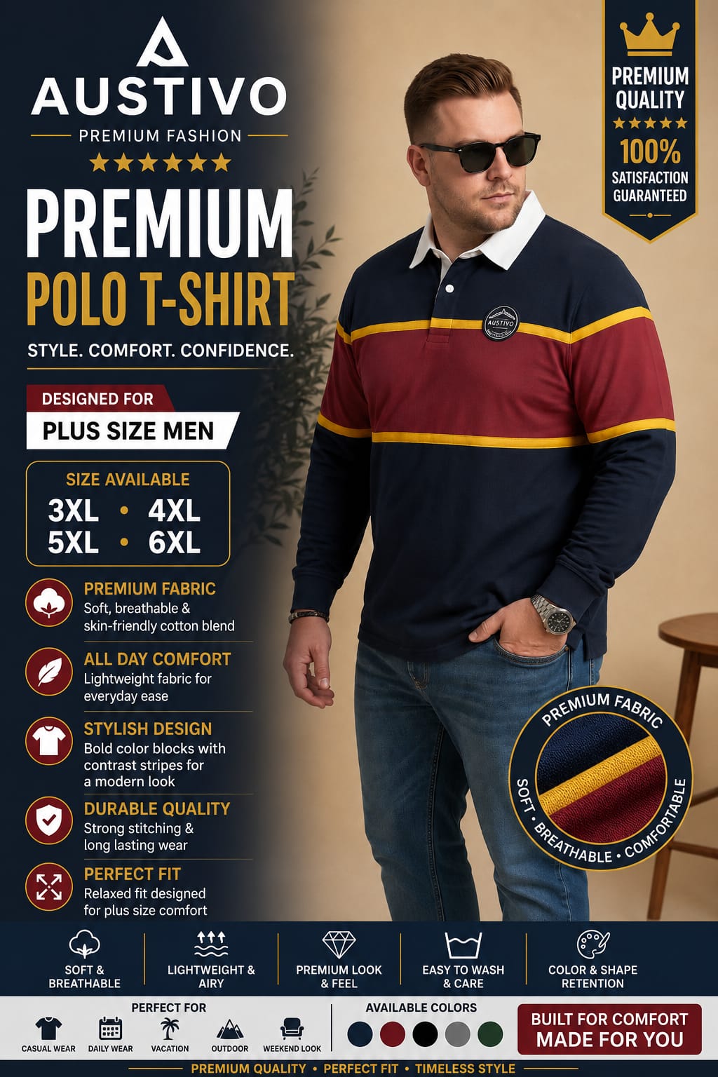 AUSTIVO Men's Plus Size Full Sleeve Polo Neck T-Shirt