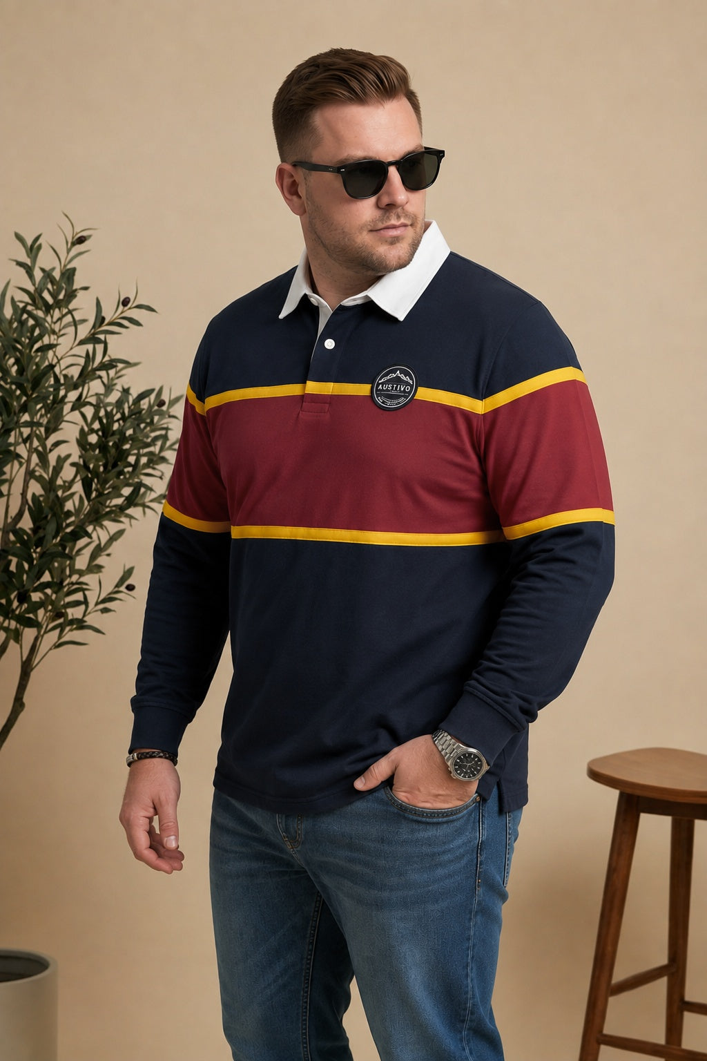 AUSTIVO Men's Plus Size Full Sleeve Polo Neck T-Shirt