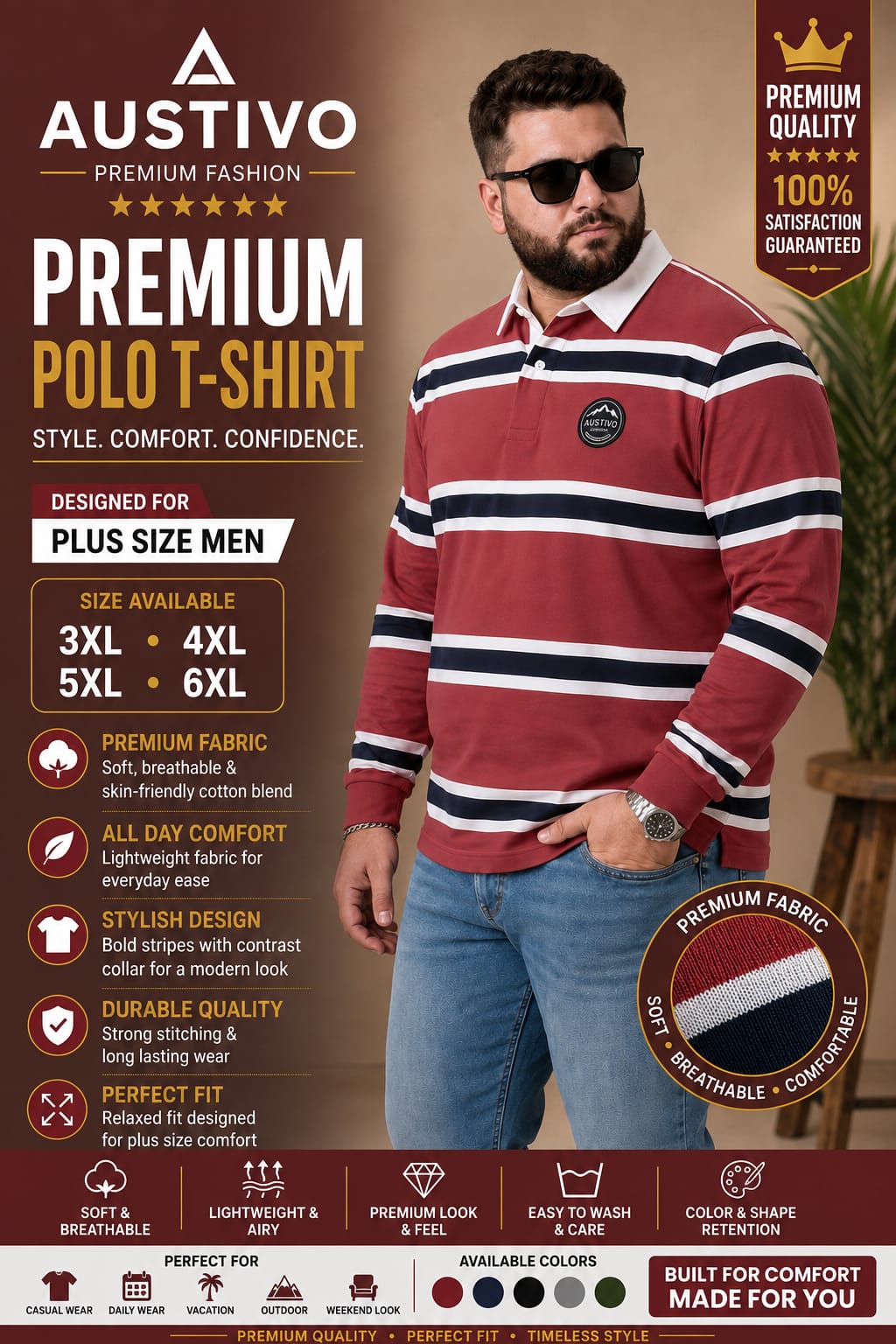 AUSTIVO Men's Plus Size Full Sleeve Polo Neck T-Shirt