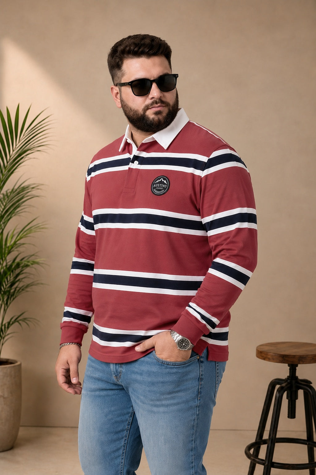 AUSTIVO Men's Plus Size Full Sleeve Polo Neck T-Shirt