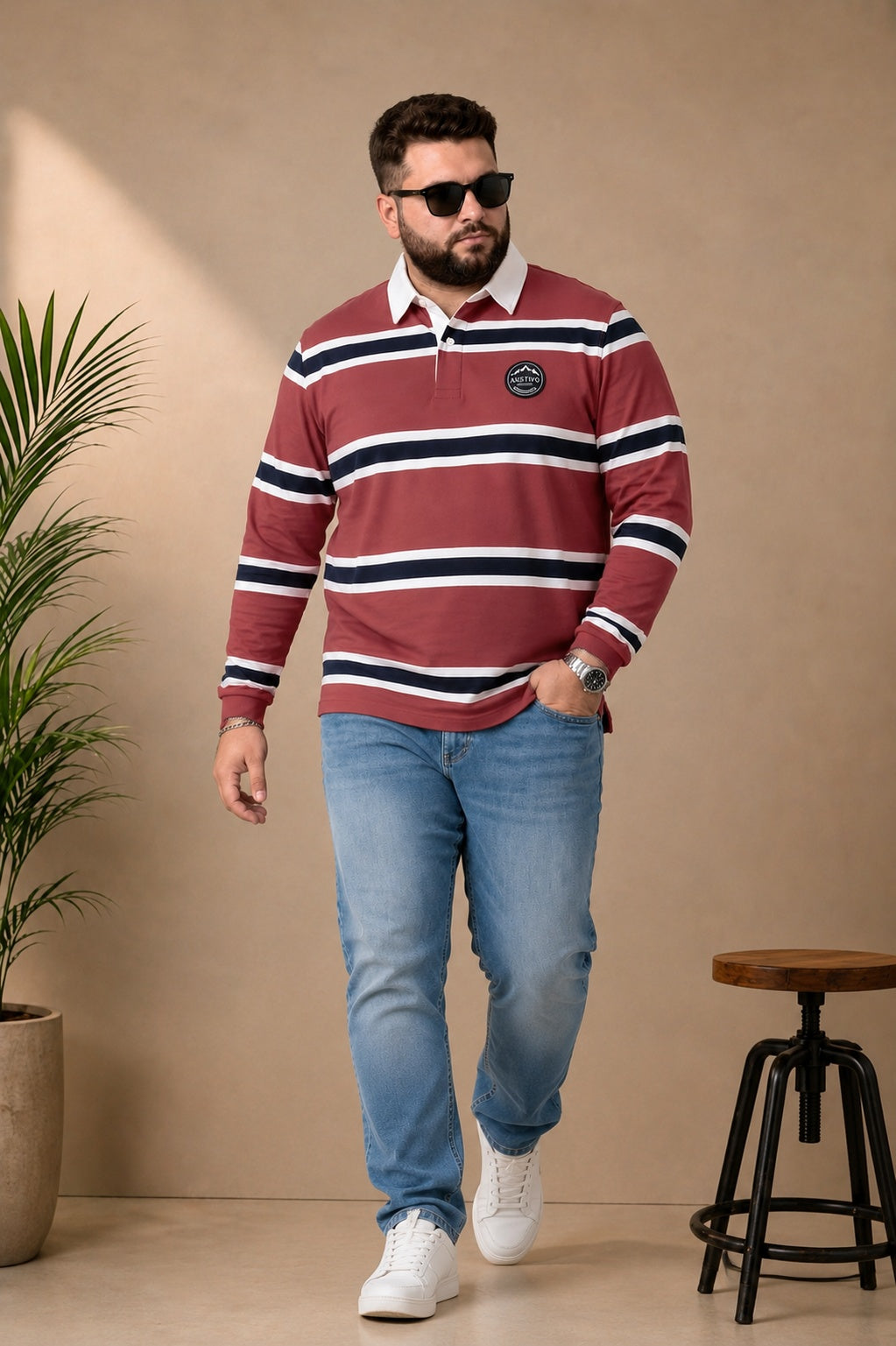 AUSTIVO Men's Plus Size Full Sleeve Polo Neck T-Shirt