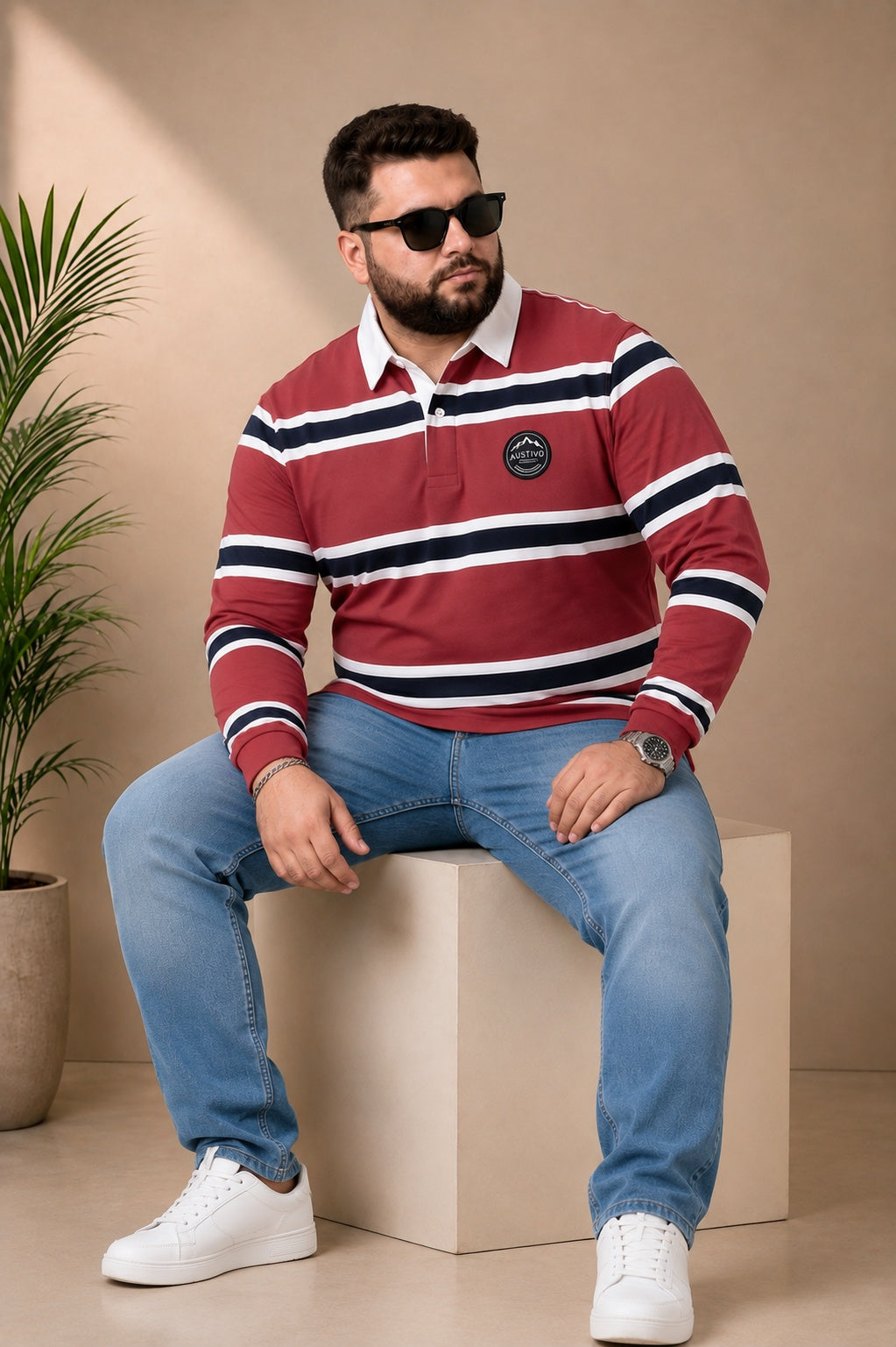 AUSTIVO Men's Plus Size Full Sleeve Polo Neck T-Shirt
