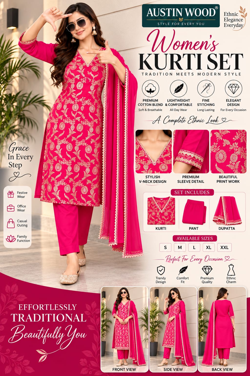 Austin Wood Women’s Kurti Set with Dupatta