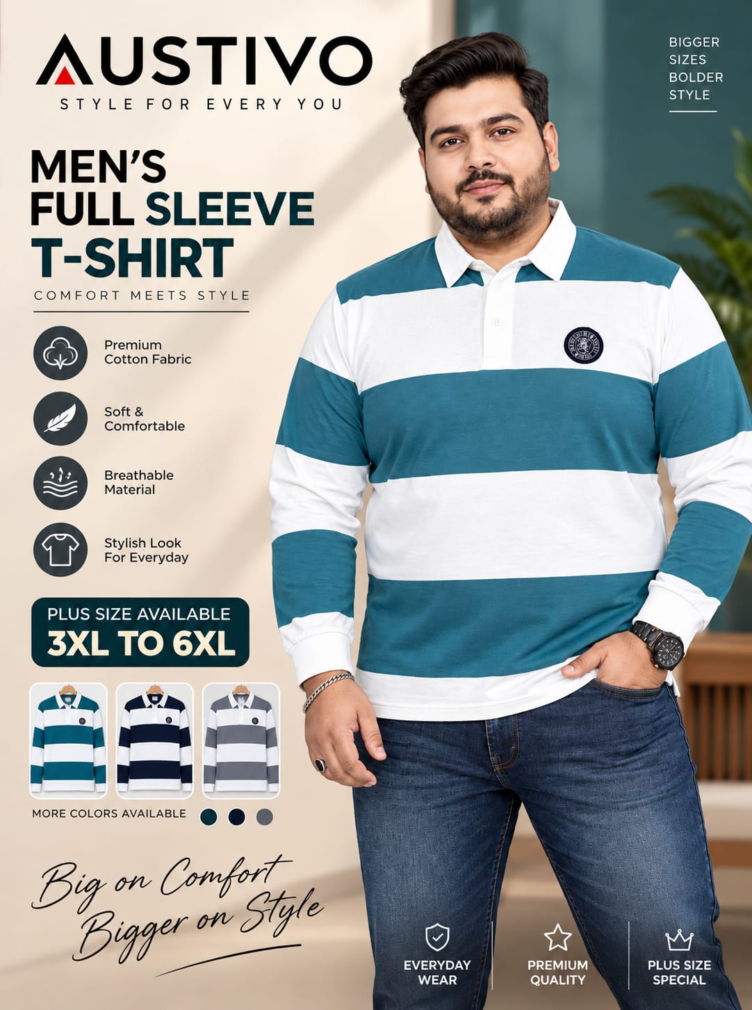 AUSTIVO Men's Plus Size Full Sleeve Polo Neck T-Shirt