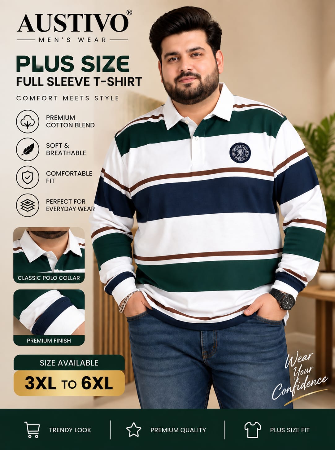 AUSTIVO Men's Plus Size Full Sleeve Polo Neck T-Shirt