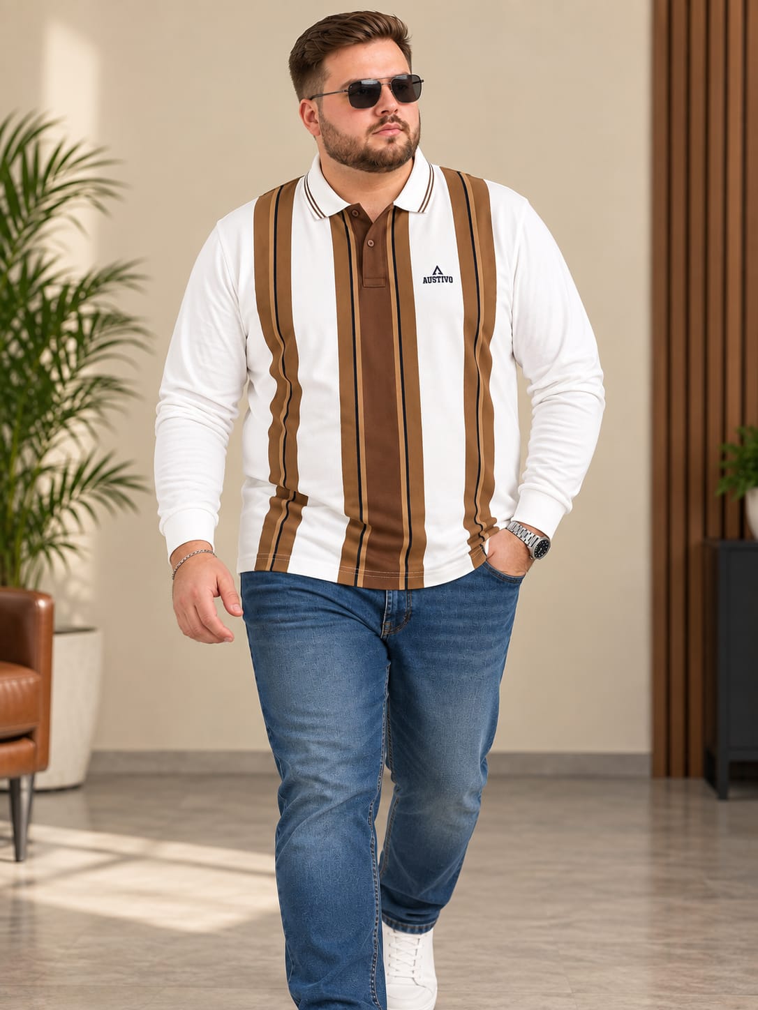 AUSTIVO Men's Plus Size Full Sleeve Polo Neck T-Shirt