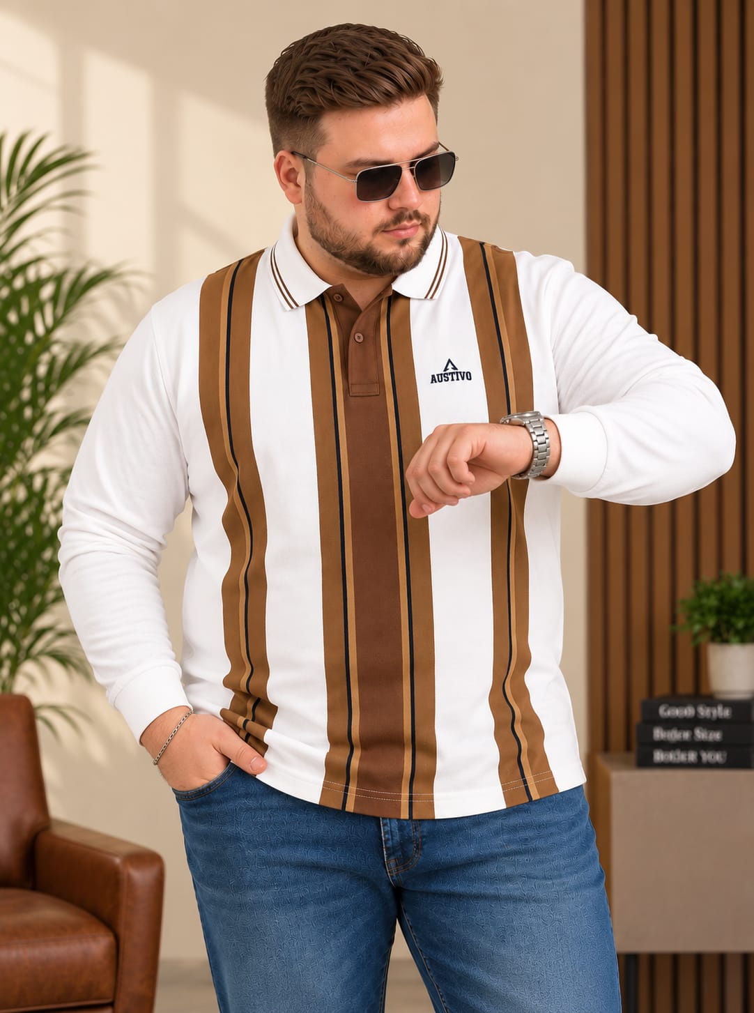 AUSTIVO Men's Plus Size Full Sleeve Polo Neck T-Shirt