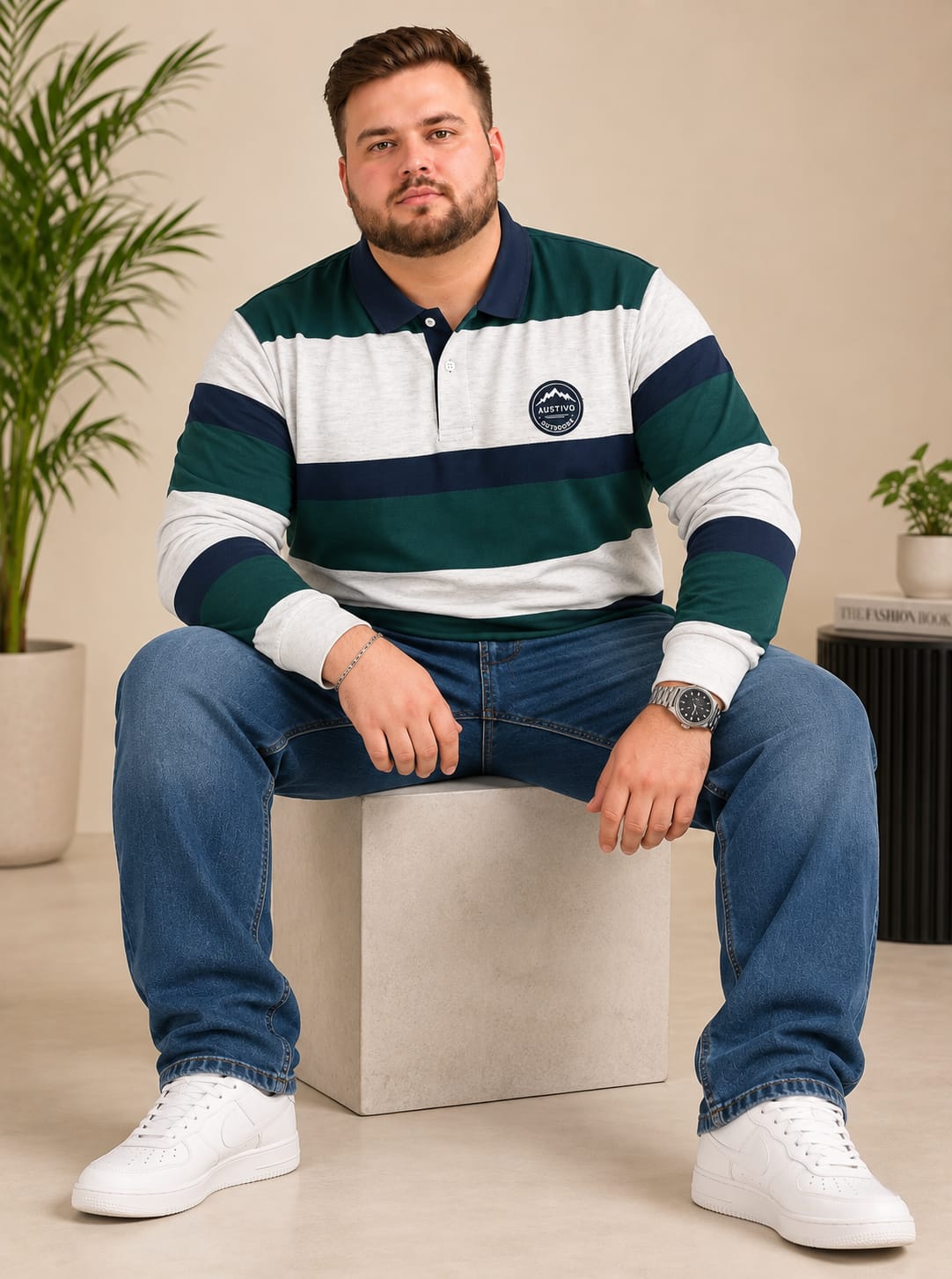 AUSTIVO Men's Plus Size Full Sleeve Polo Neck T-Shirt