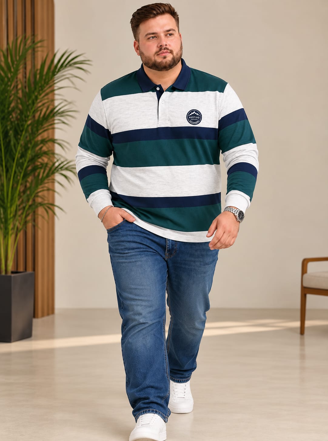 AUSTIVO Men's Plus Size Full Sleeve Polo Neck T-Shirt