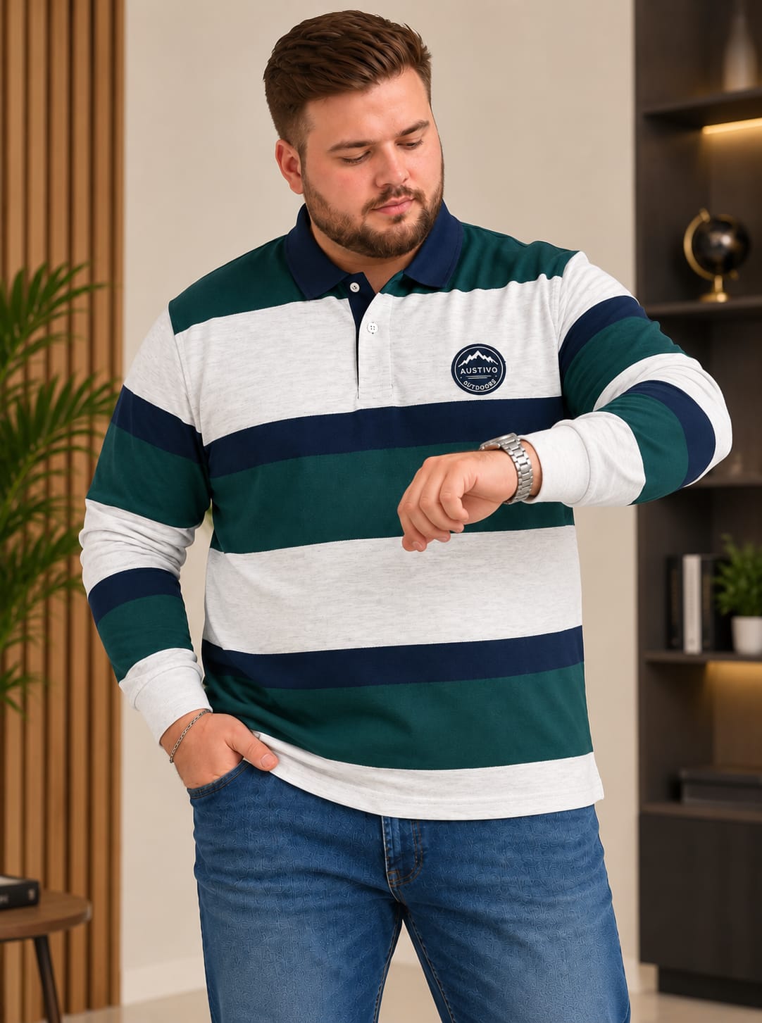 AUSTIVO Men's Plus Size Full Sleeve Polo Neck T-Shirt