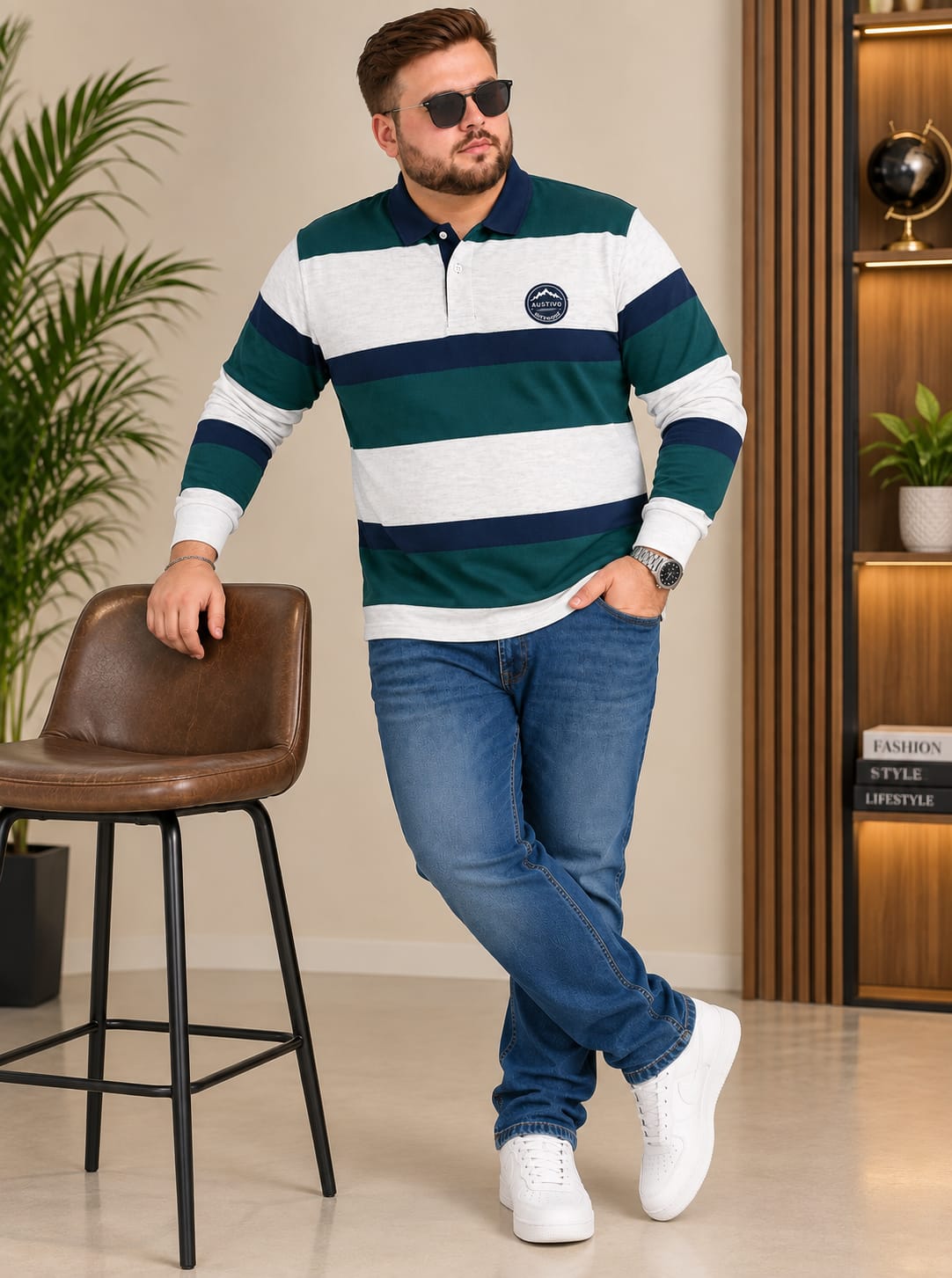 AUSTIVO Men's Plus Size Full Sleeve Polo Neck T-Shirt