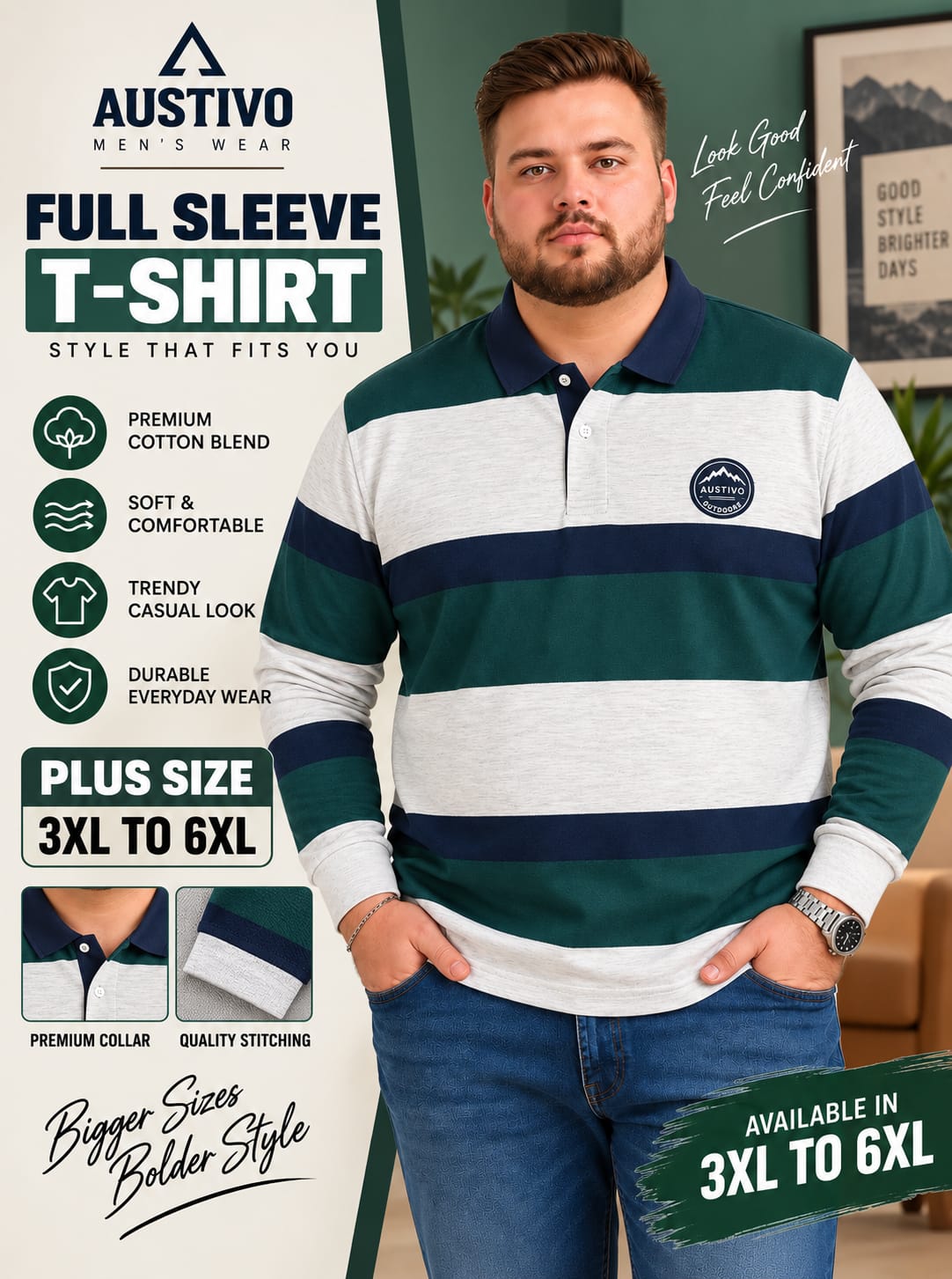 AUSTIVO Men's Plus Size Full Sleeve Polo Neck T-Shirt