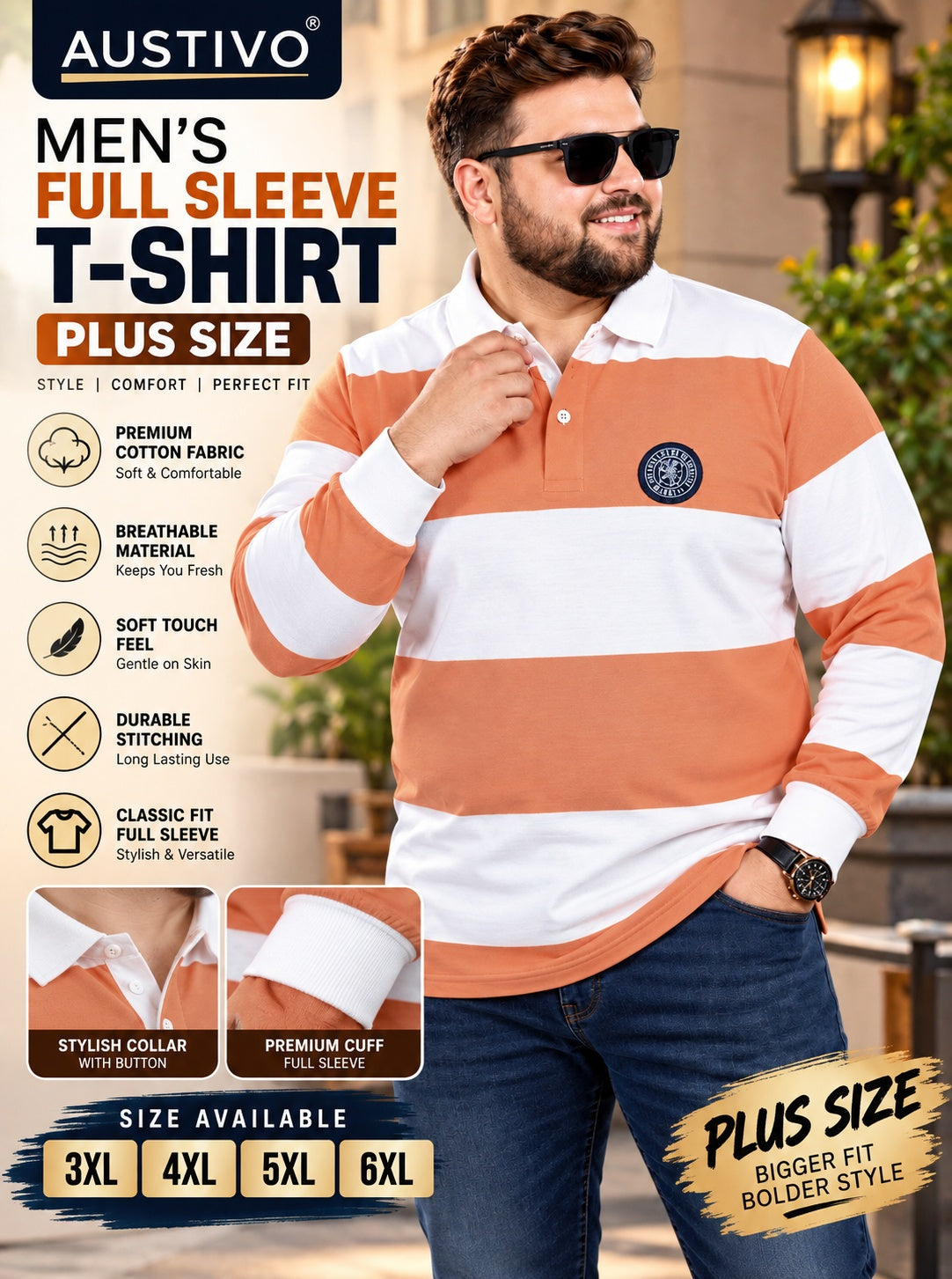 AUSTIVO Men's Plus Size Full Sleeve Polo Neck T-Shirt