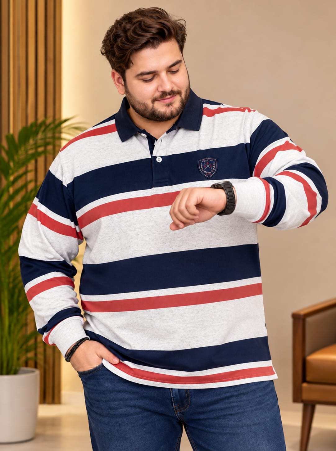 AUSTIVO Men's Plus Size Full Sleeve Polo Neck T-Shirt