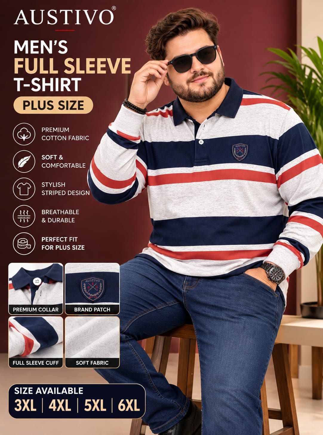 AUSTIVO Men's Plus Size Full Sleeve Polo Neck T-Shirt