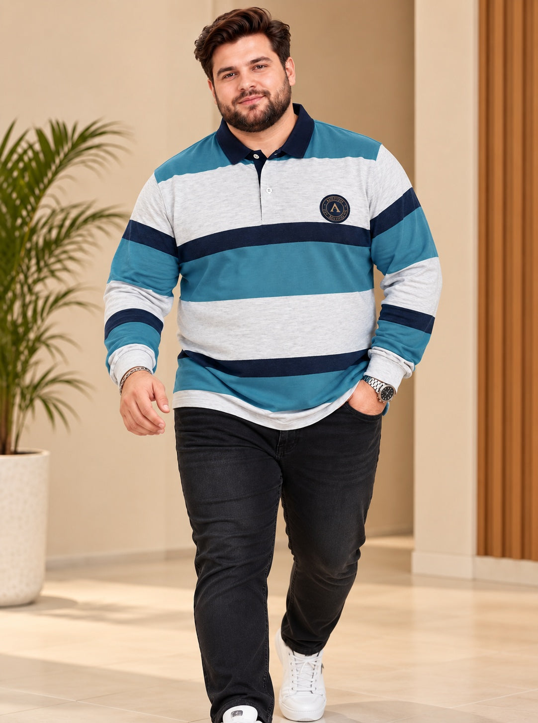 AUSTIVO Men's Plus Size Full Sleeve Polo Neck T-Shirt