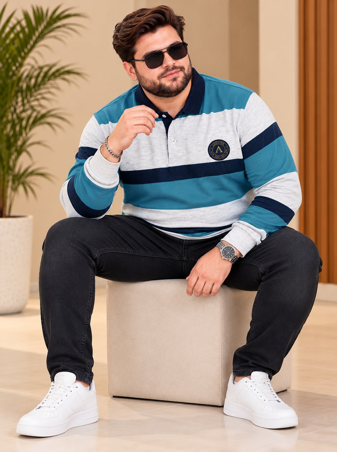 AUSTIVO Men's Plus Size Full Sleeve Polo Neck T-Shirt