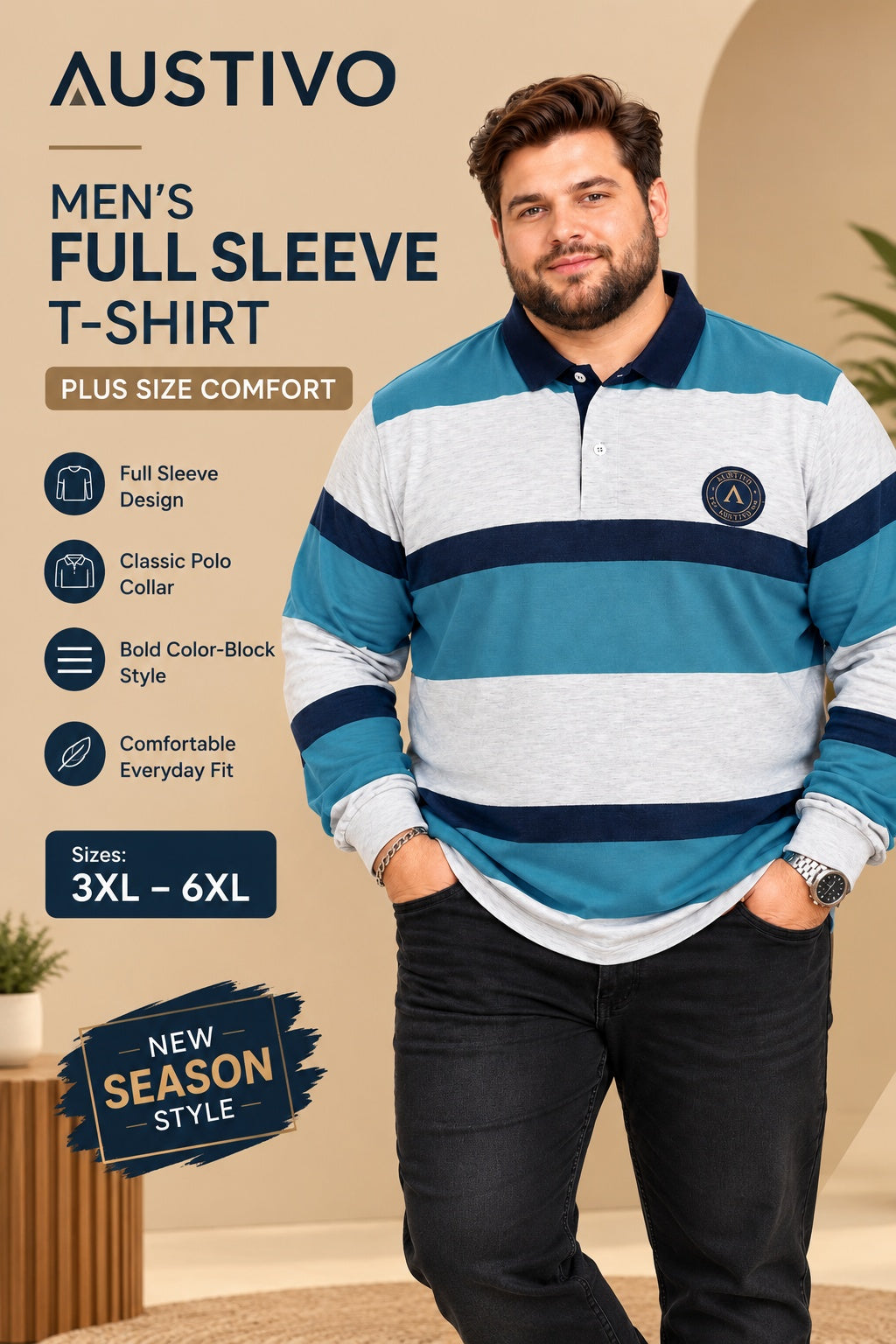 AUSTIVO Men's Plus Size Full Sleeve Polo Neck T-Shirt