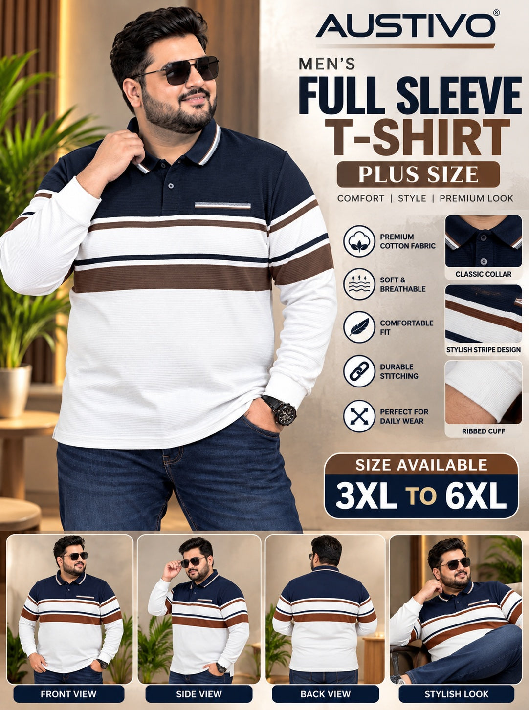 AUSTIVO Men's Plus Size Full Sleeve Polo Neck T-Shirt