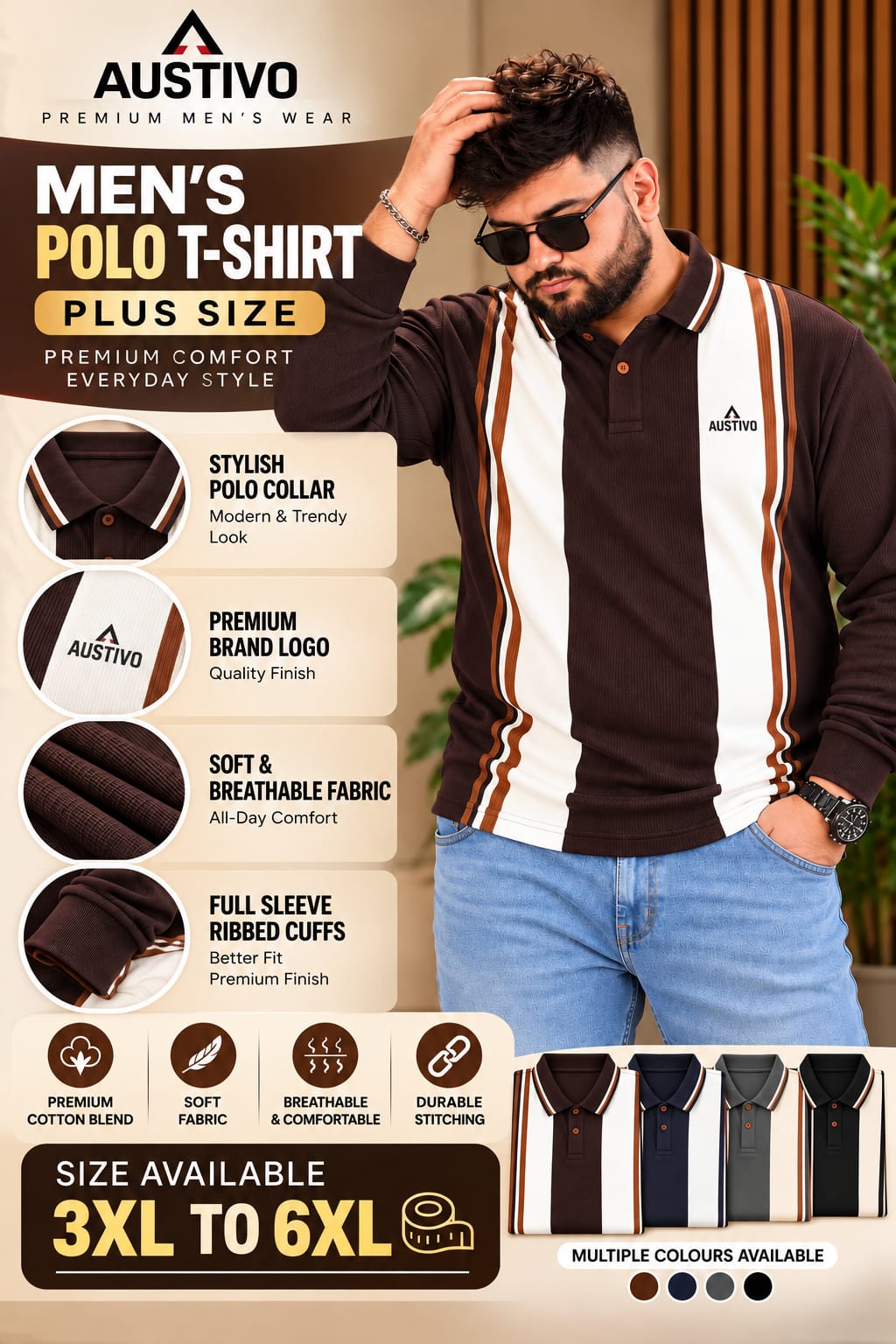 AUSTIVO Men's Plus Size Full Sleeve Polo Neck T-Shirt