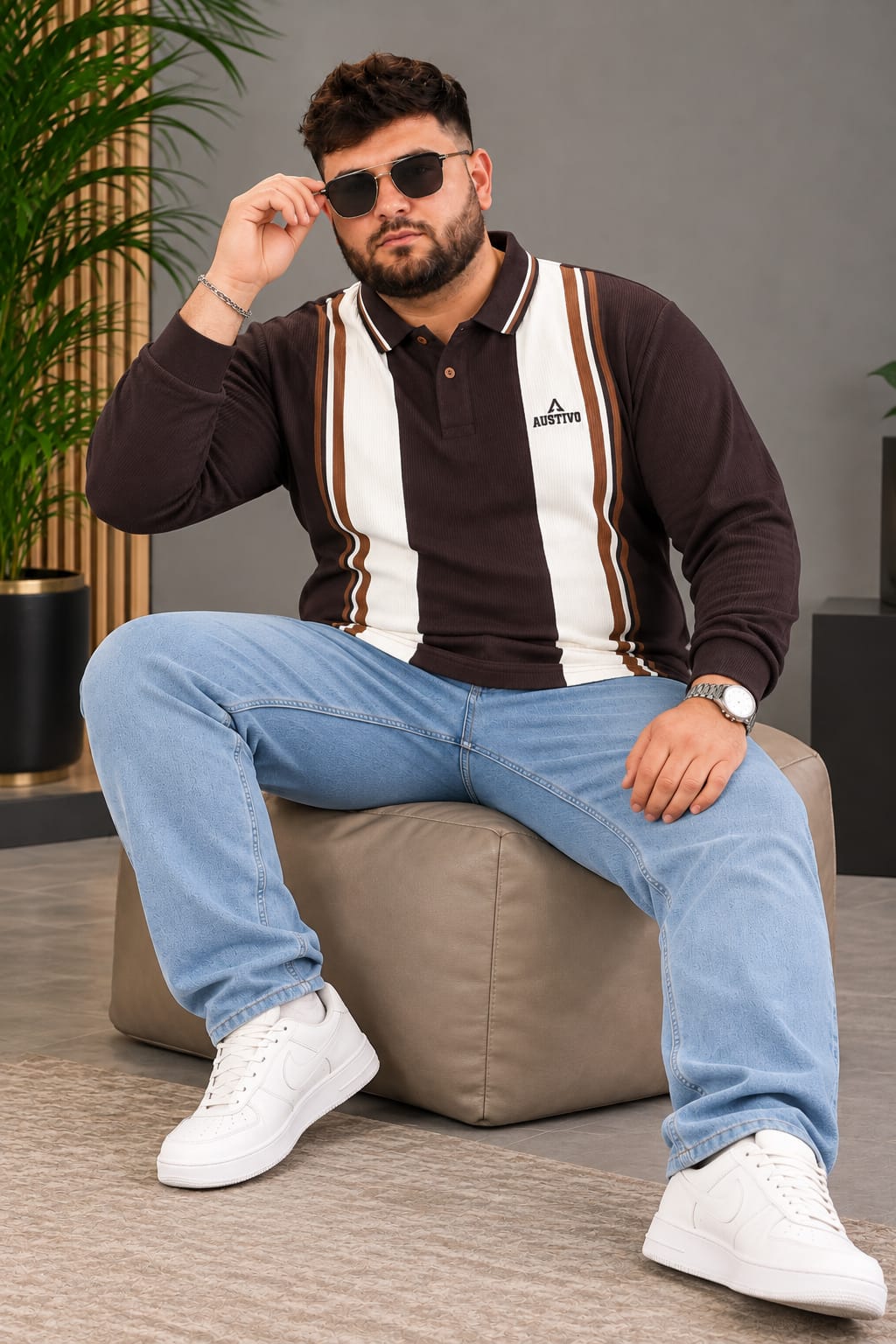 AUSTIVO Men's Plus Size Full Sleeve Polo Neck T-Shirt
