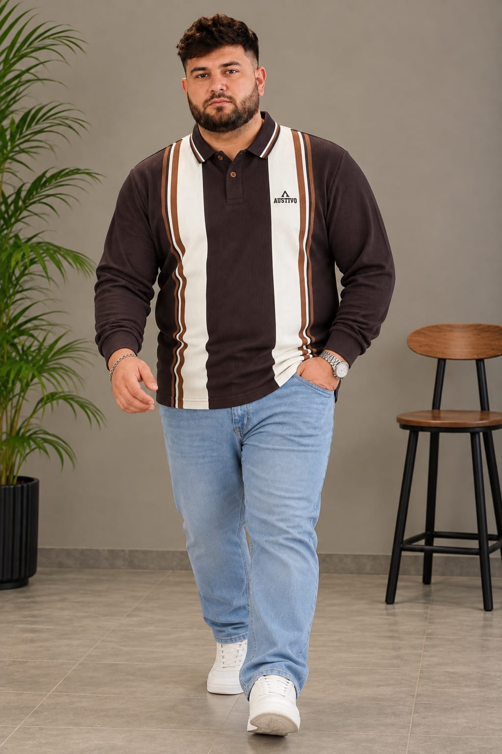 AUSTIVO Men's Plus Size Full Sleeve Polo Neck T-Shirt