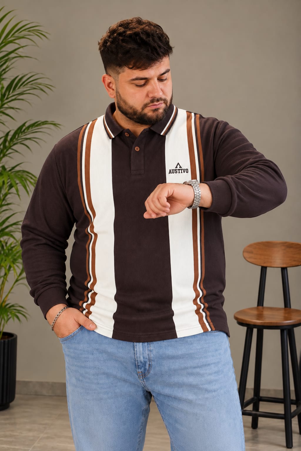 AUSTIVO Men's Plus Size Full Sleeve Polo Neck T-Shirt