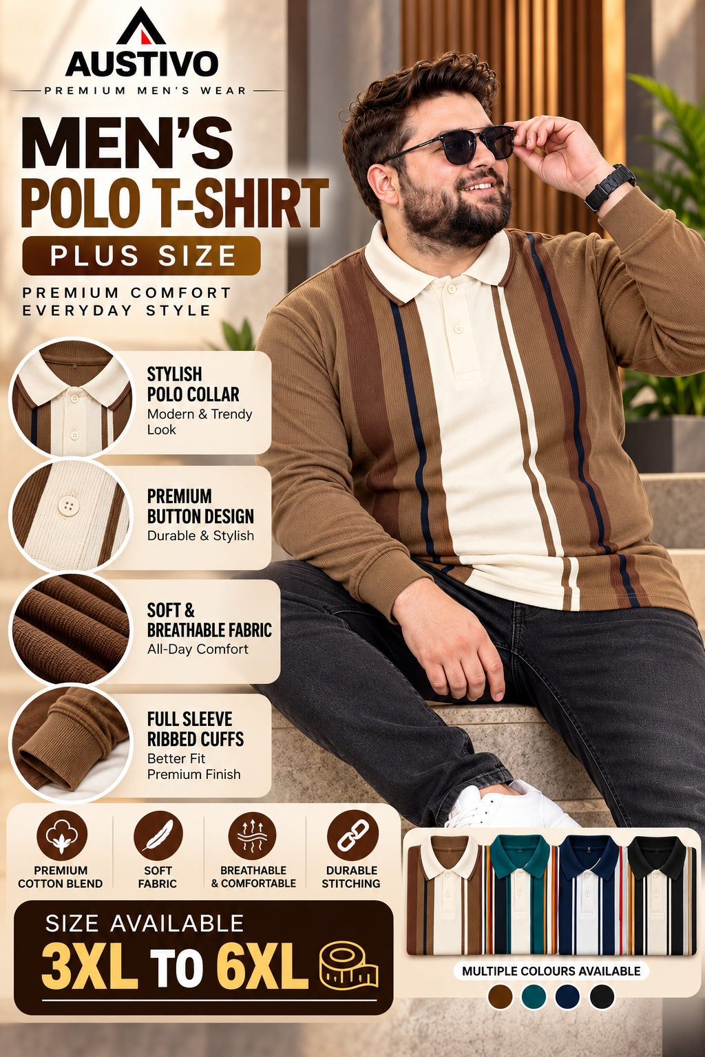 AUSTIVO Men's Plus Size Full Sleeve Polo Neck T-Shirt