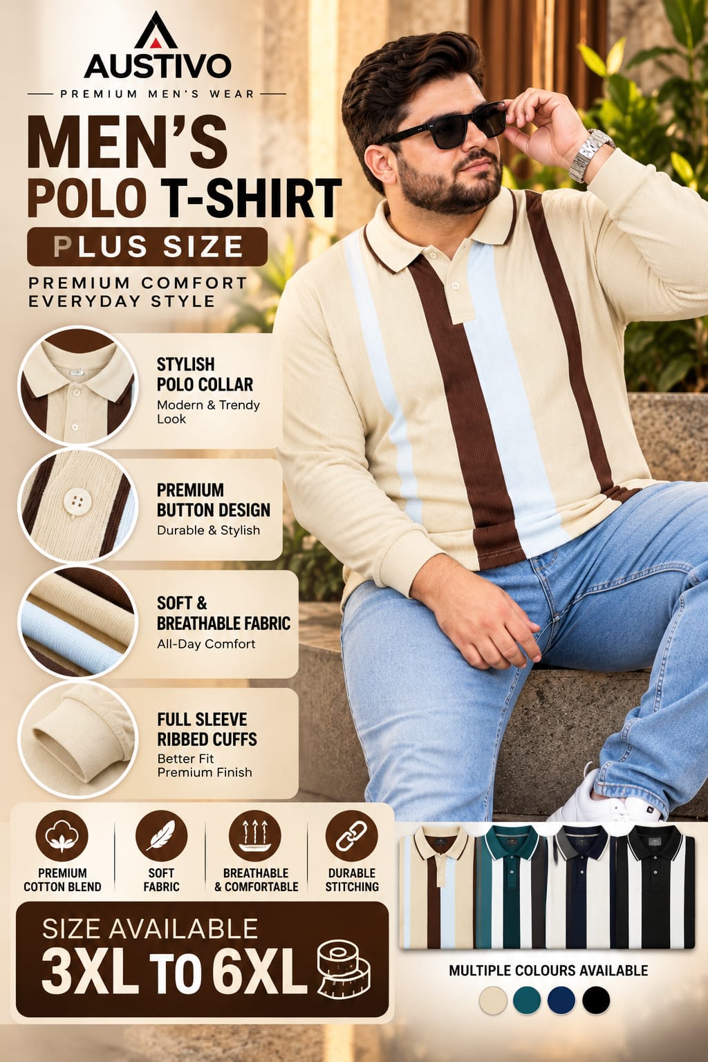 AUSTIVO Men's Plus Size Full Sleeve Polo Neck T-Shirt