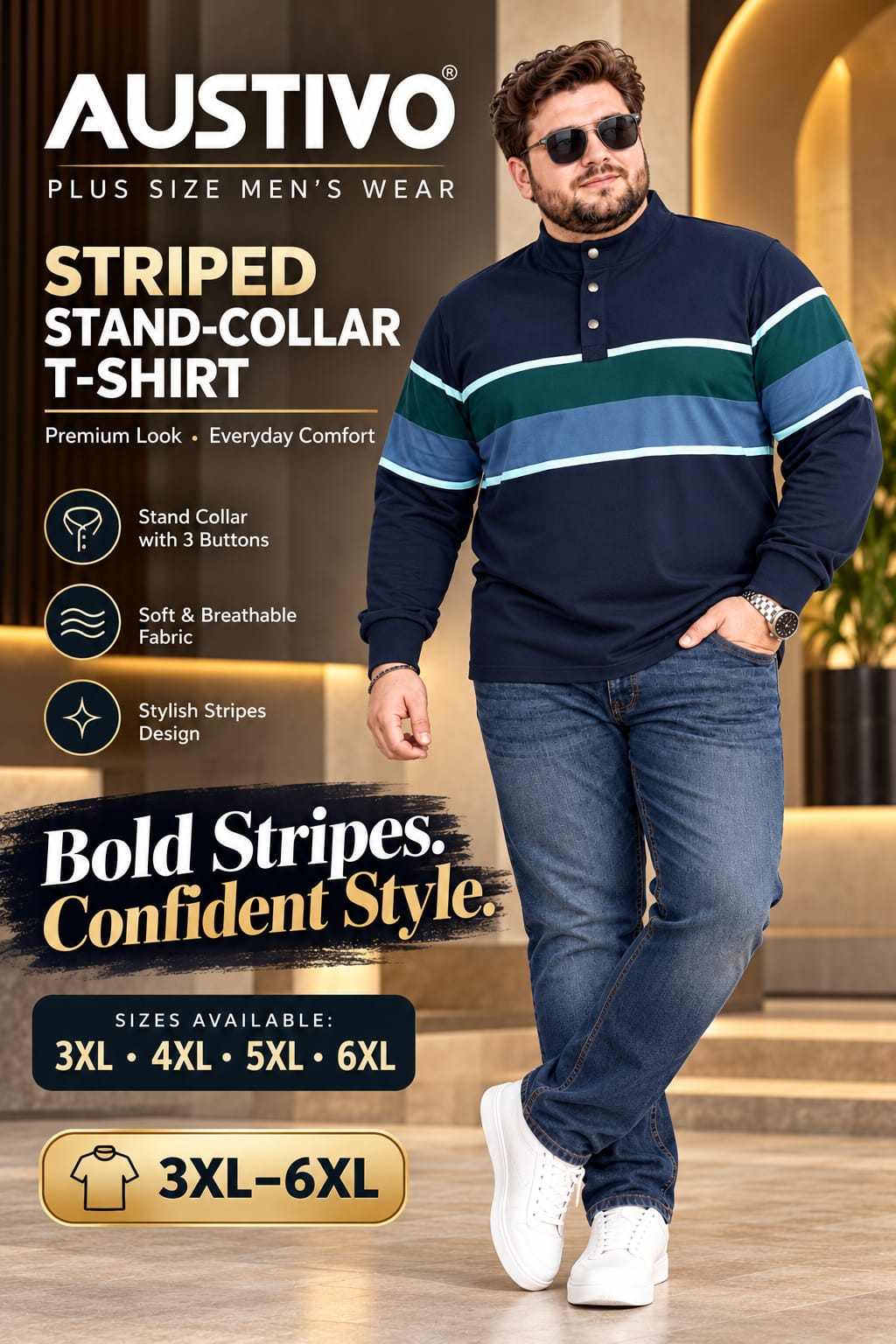 AUSTIVO Men's Plus Size Full Sleeve Polo Neck T-Shirt