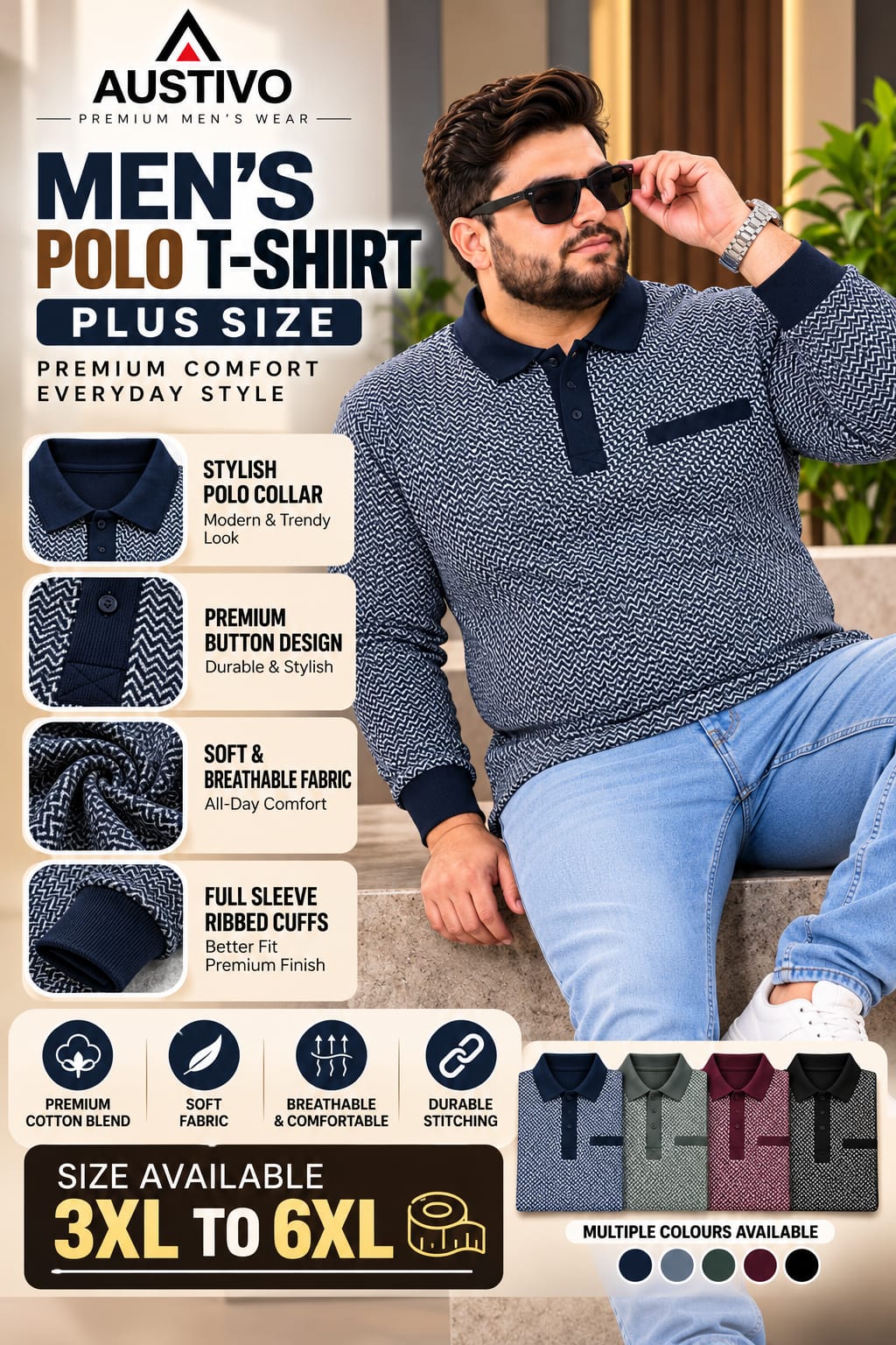 AUSTIVO Men's Plus Size Full Sleeve Polo Neck T-Shirt