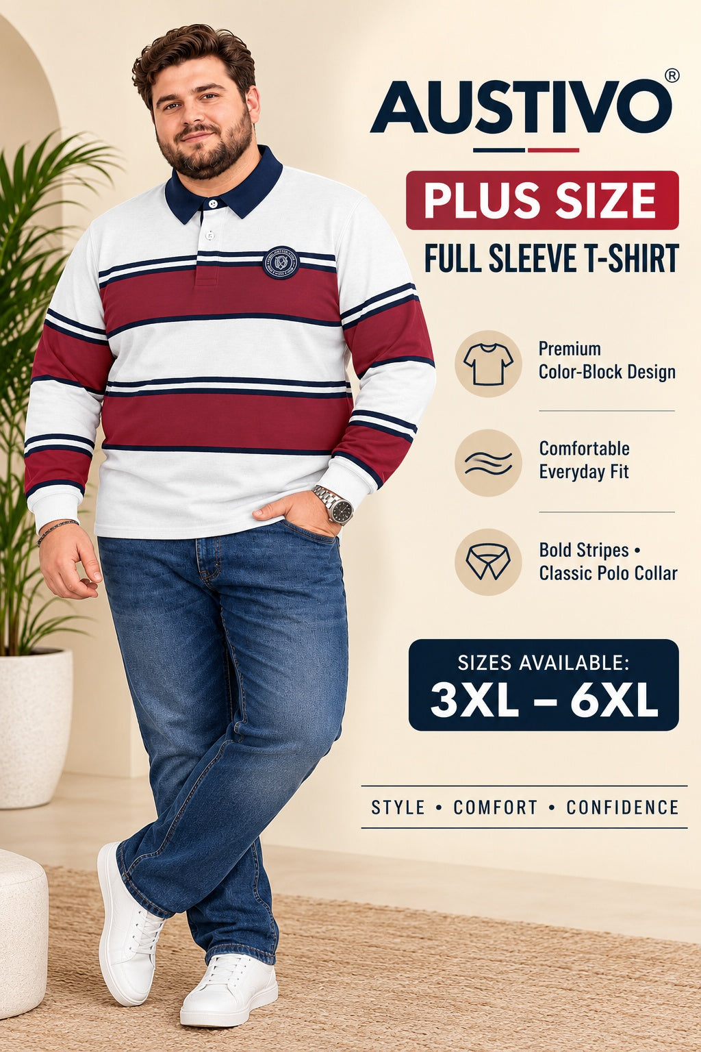 AUSTIVO Men's Plus Size Full Sleeve Polo Neck T-Shirt