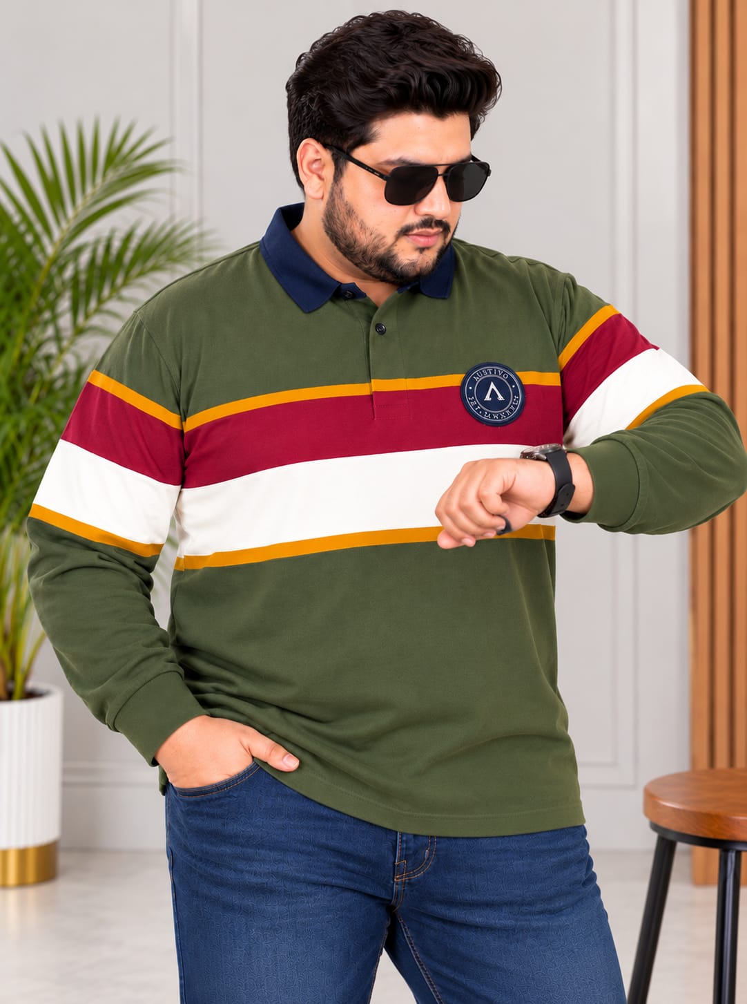 AUSTIVO Men's Plus Size Full Sleeve Polo Neck T-Shirt
