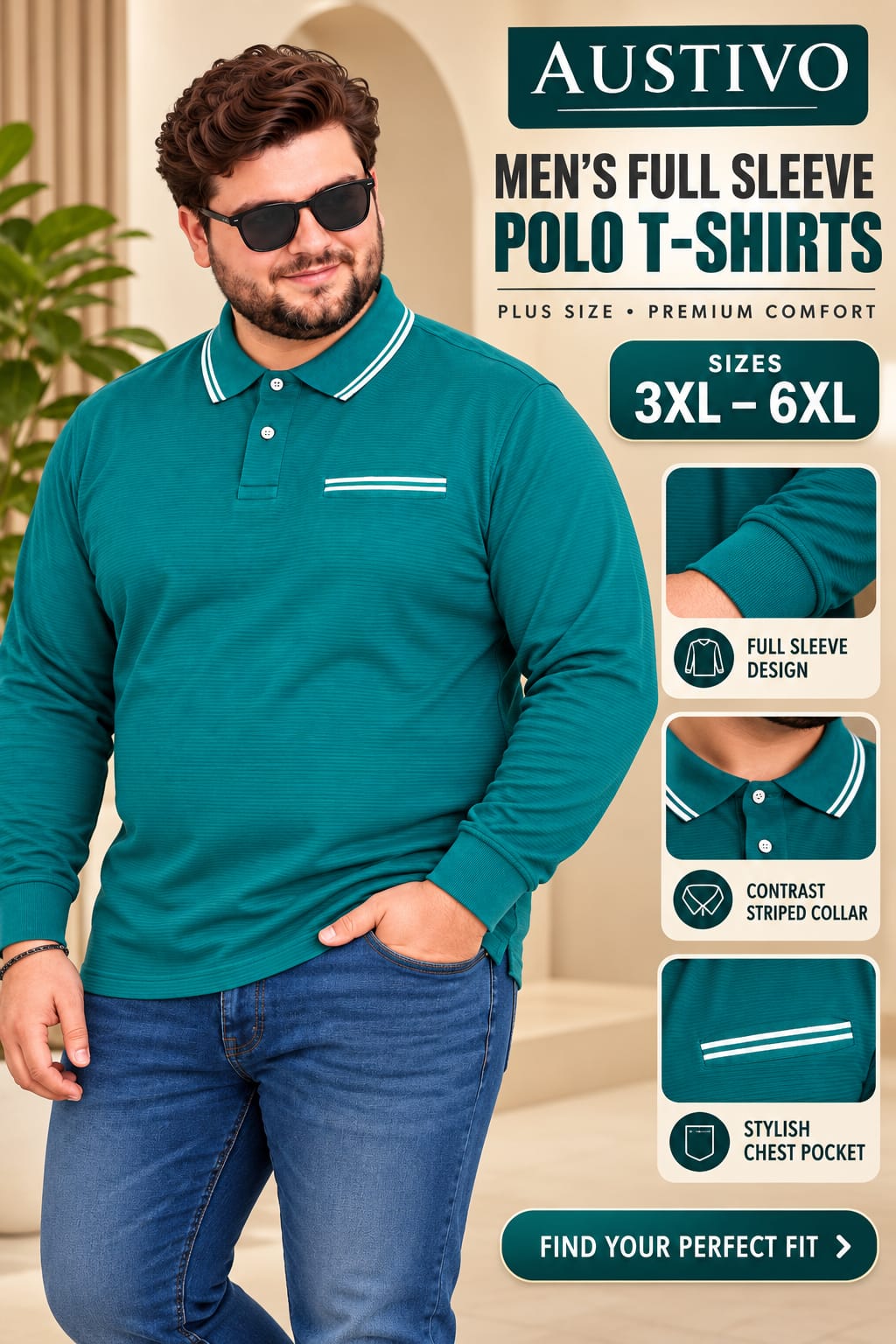 AUSTIVO Men's Plus Size Full Sleeve Polo Neck T-Shirt