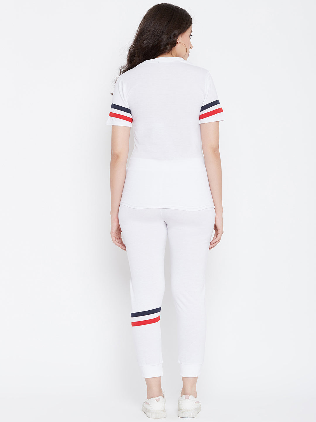 Austin Wood Women's White Solid Half Sleeves Track Suit With Chest Print