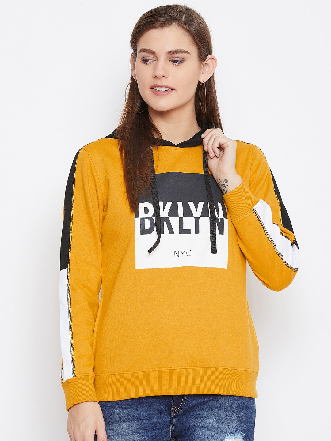 Women's Yellow Solid Long Sleeves Hooded Sweatshirt