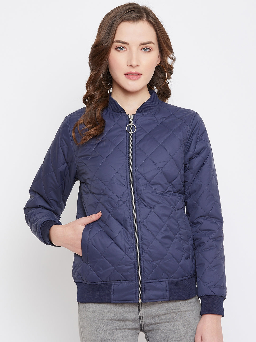 Austin Wood Women's Navy Blue Solid Full Sleeves Bomber Neck Padded Jacket With Size Tape