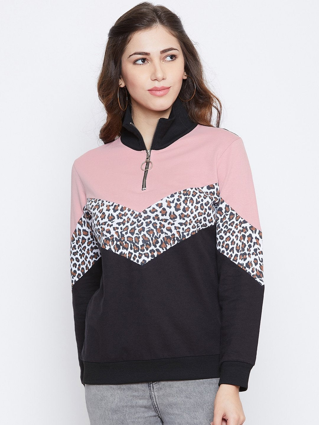 Women's Multi Colorblocked Long Sleeves High Neck Sweatshirt