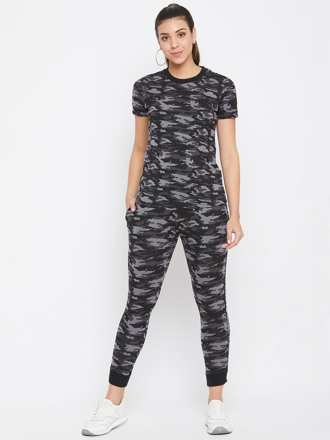 Austin Wood Women's Black Camo Half Sleeves Round Neck Tracksuit