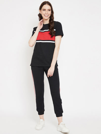 Austin Wood Women's Black Colorblocked Half Sleeves Round Neck Tracksuit