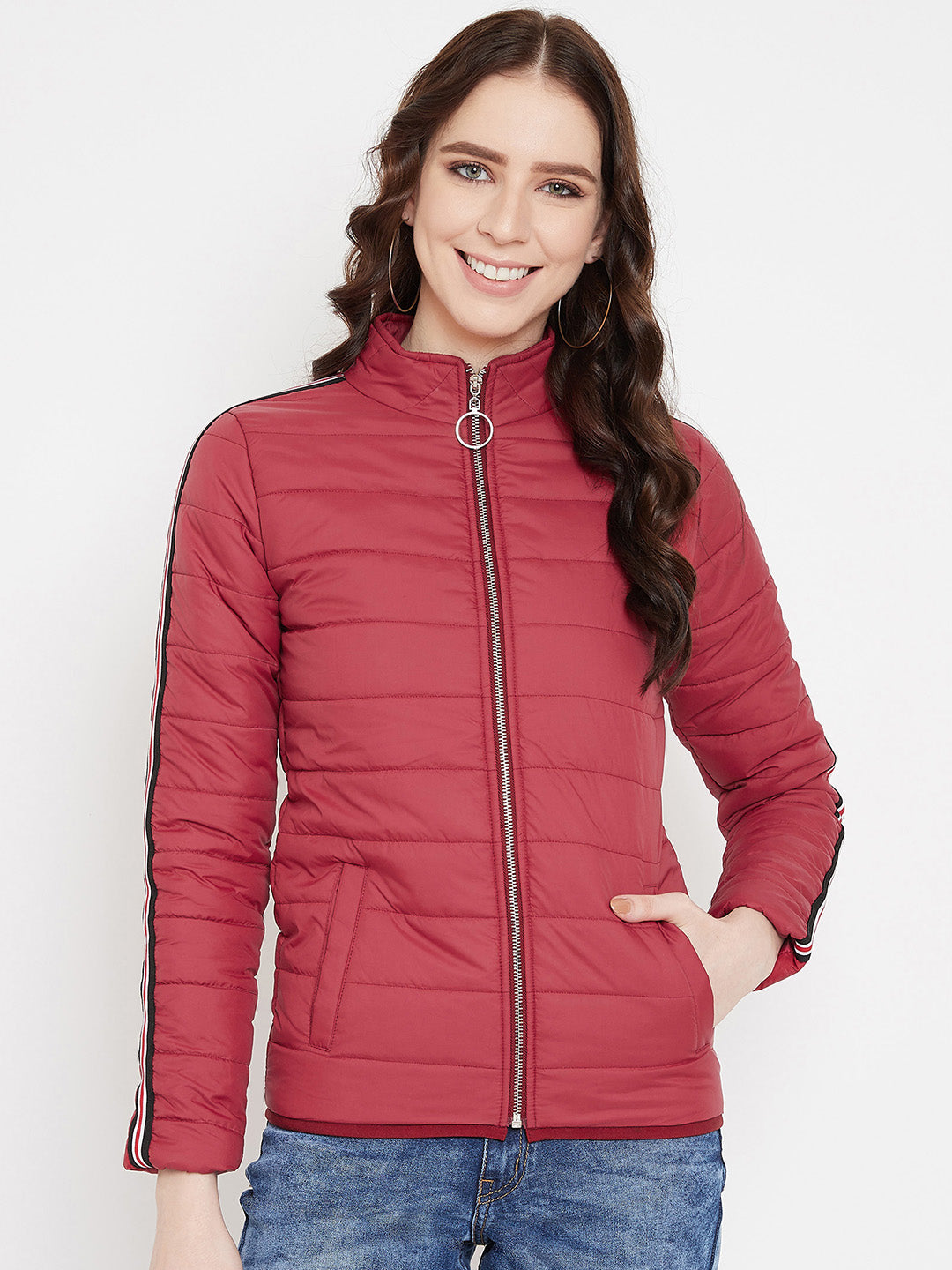 Austin Wood Women's Red Solid Full Sleeves High Neck Padded Jacket With Size Tape