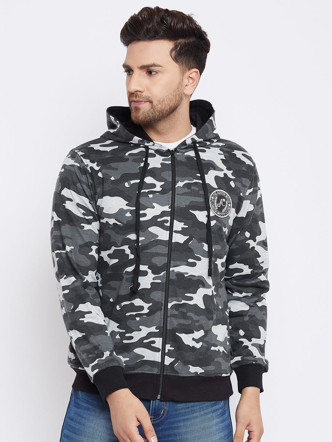 Austin Wood Men's Grey Full Sleeves Camo Print Hoodie Sweatshirt