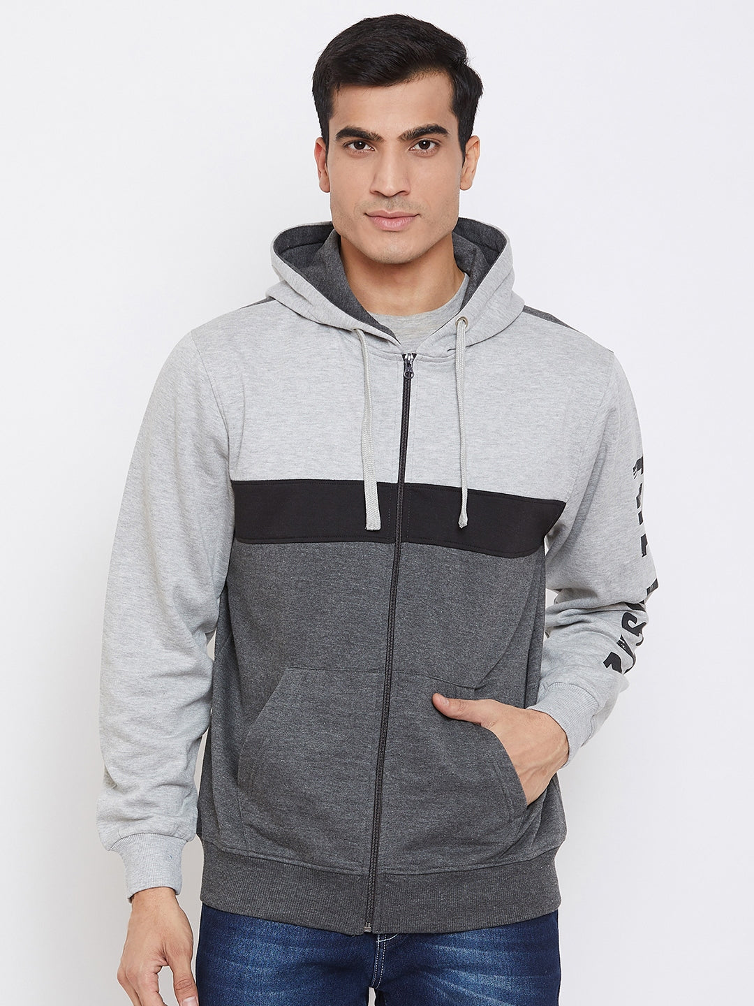 Austin Wood Men's Charcoal Full Sleeves Colorblocked Hooded Sweatshirt