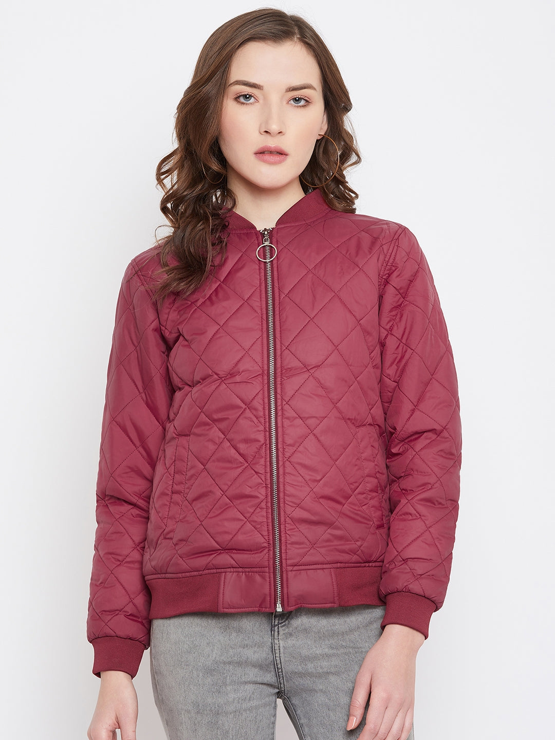 Austin Wood Women's Maroon Solid Full Sleeves Bomber Neck Padded Jacket With Size Tape