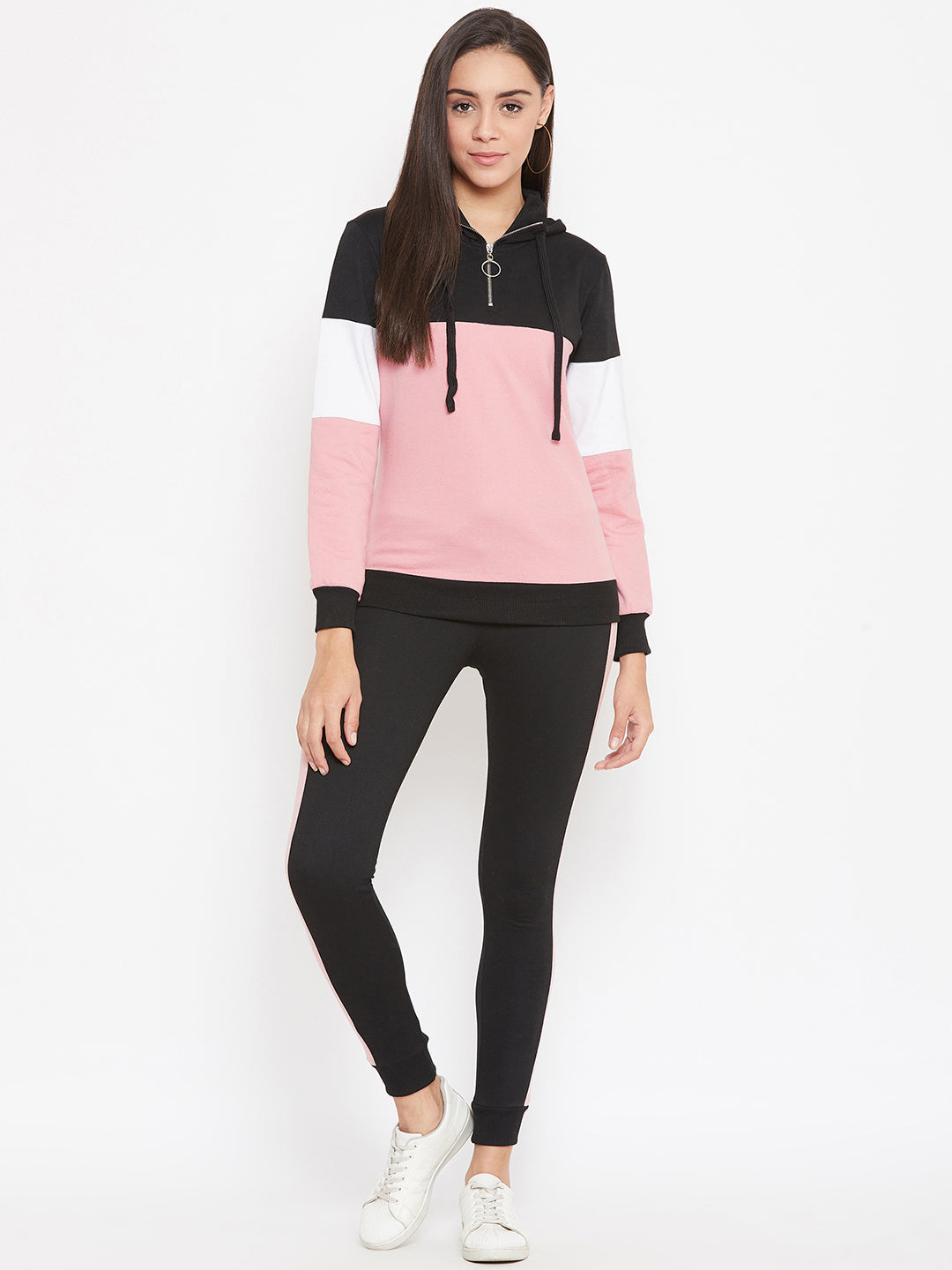 Austin Wood Women'sPink Full Sleeves Colorblocked Hooded Tracksuit