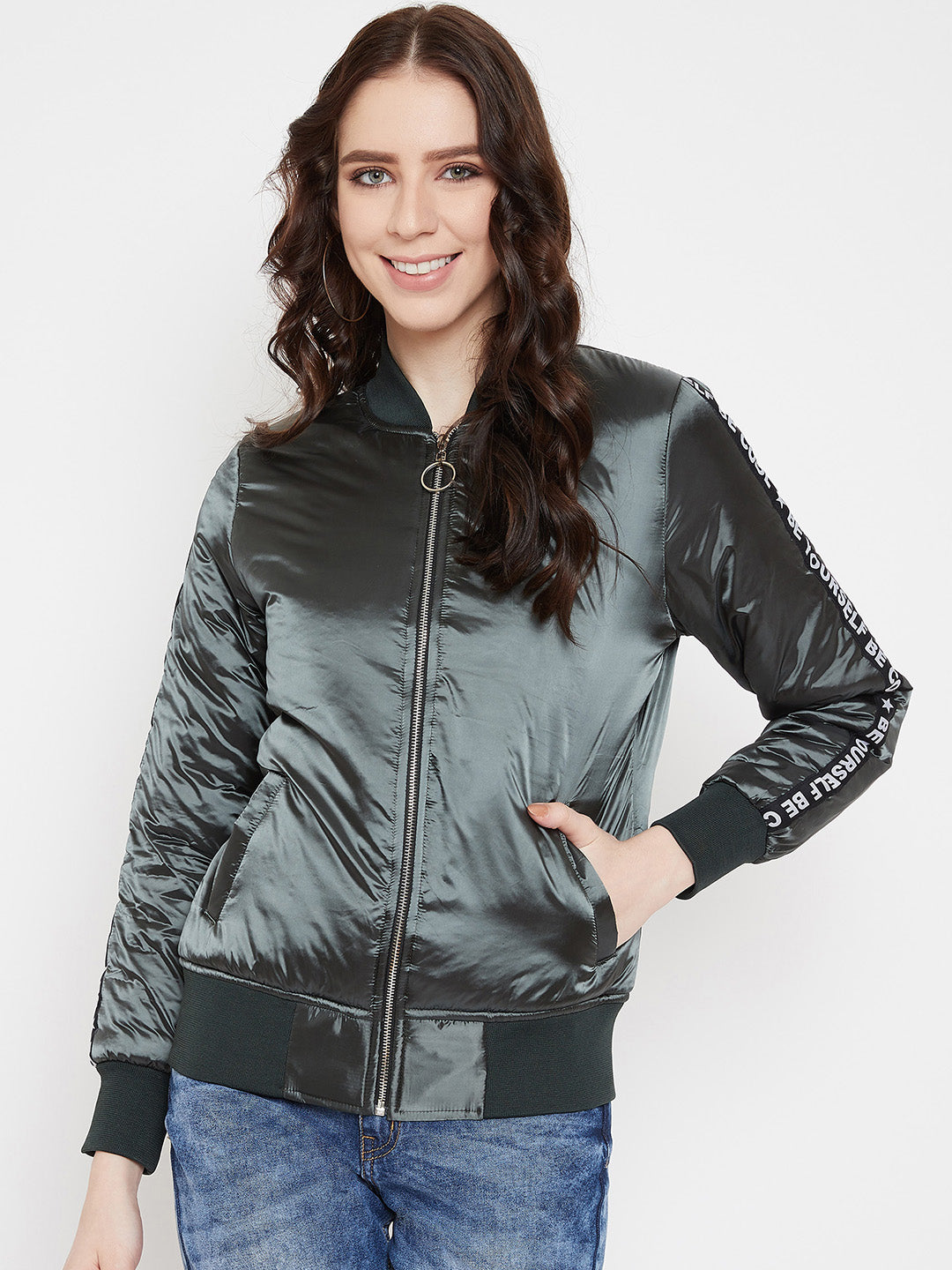 Austin Wood Women's Olive Solid Full Sleeves Bomber Neck Jacket With Size Tape