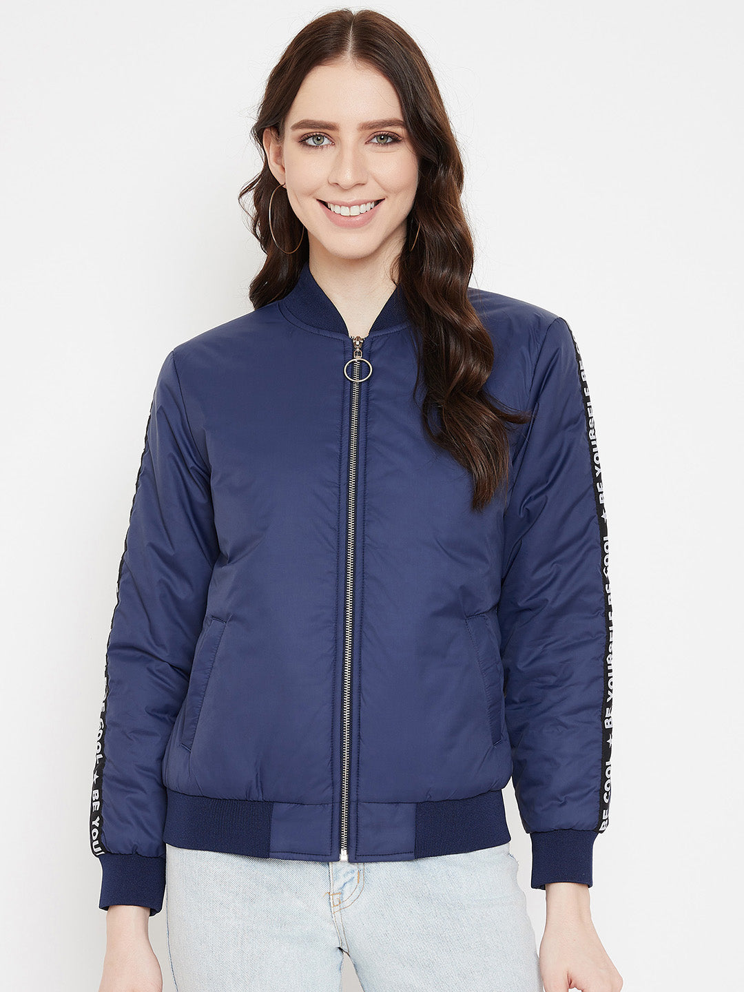 Austin Wood Women's Navy Blue Solid Full Sleeves Bomber Neck Jacket With Size Tape